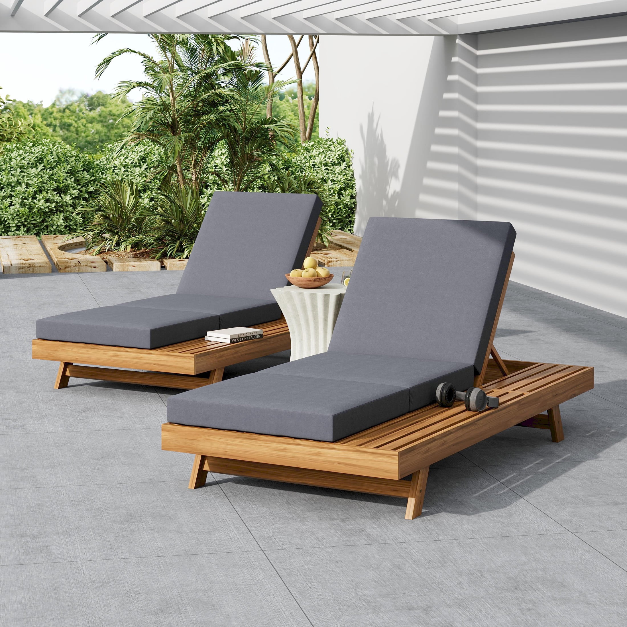 Christopher Knight Home Outdoor Chaise Lounge with Tri-Folding Cushion, Adjustable 4-Position Backrest, Dark Grey, Set of 2