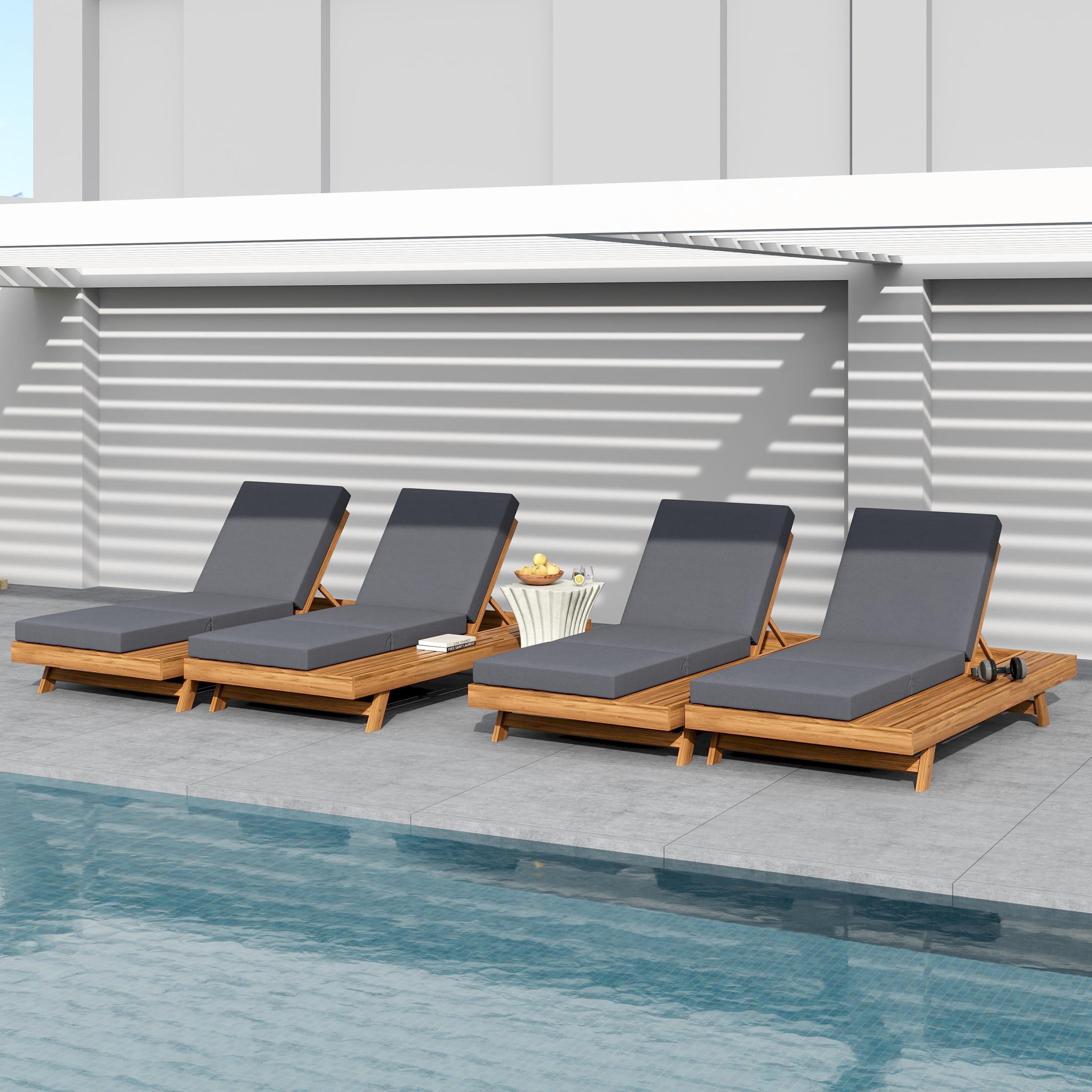 Christopher Knight Home Outdoor Chaise Lounge with Tri-Folding Cushion, Adjustable 4-Position Backrest, Dark Grey, Set of 4