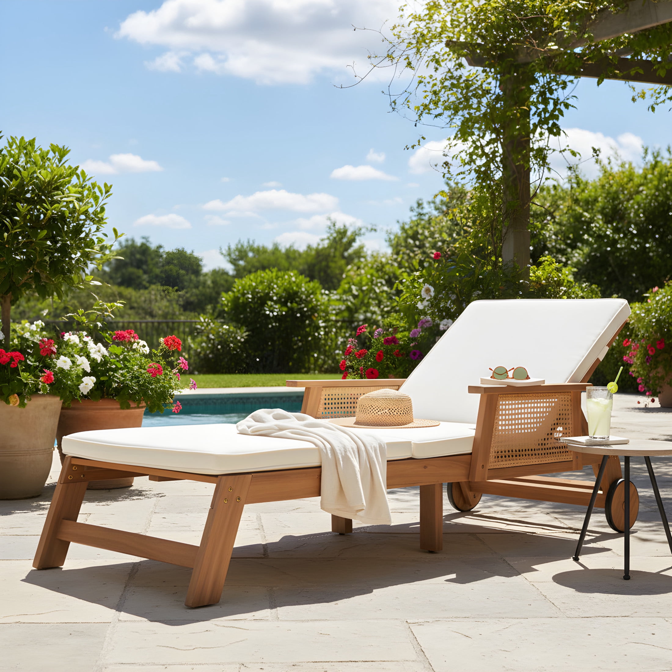 Christopher Knight Home Outdoor Chaise Lounge with Wheels, Adjustable Backrest with Cushion, Light Teak