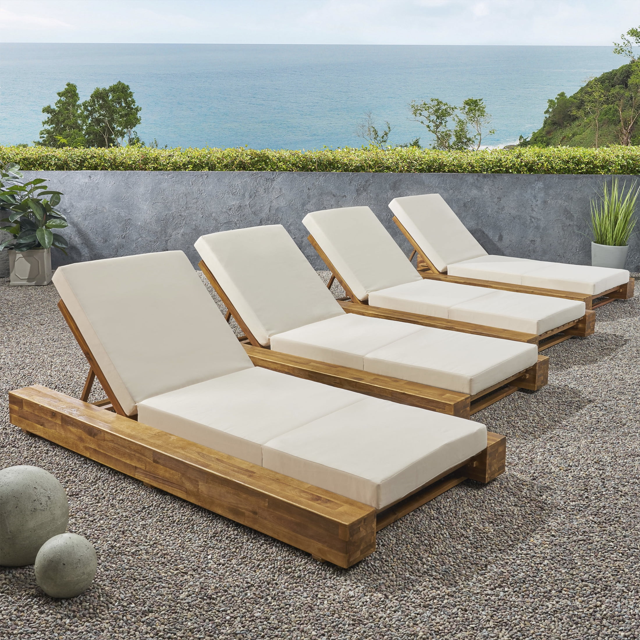 Christopher Knight Home Outdoor Chaise Lounges, Adjustable Reclining Backrest, Solid Wood Frame, Cream Cushion, Set of 4