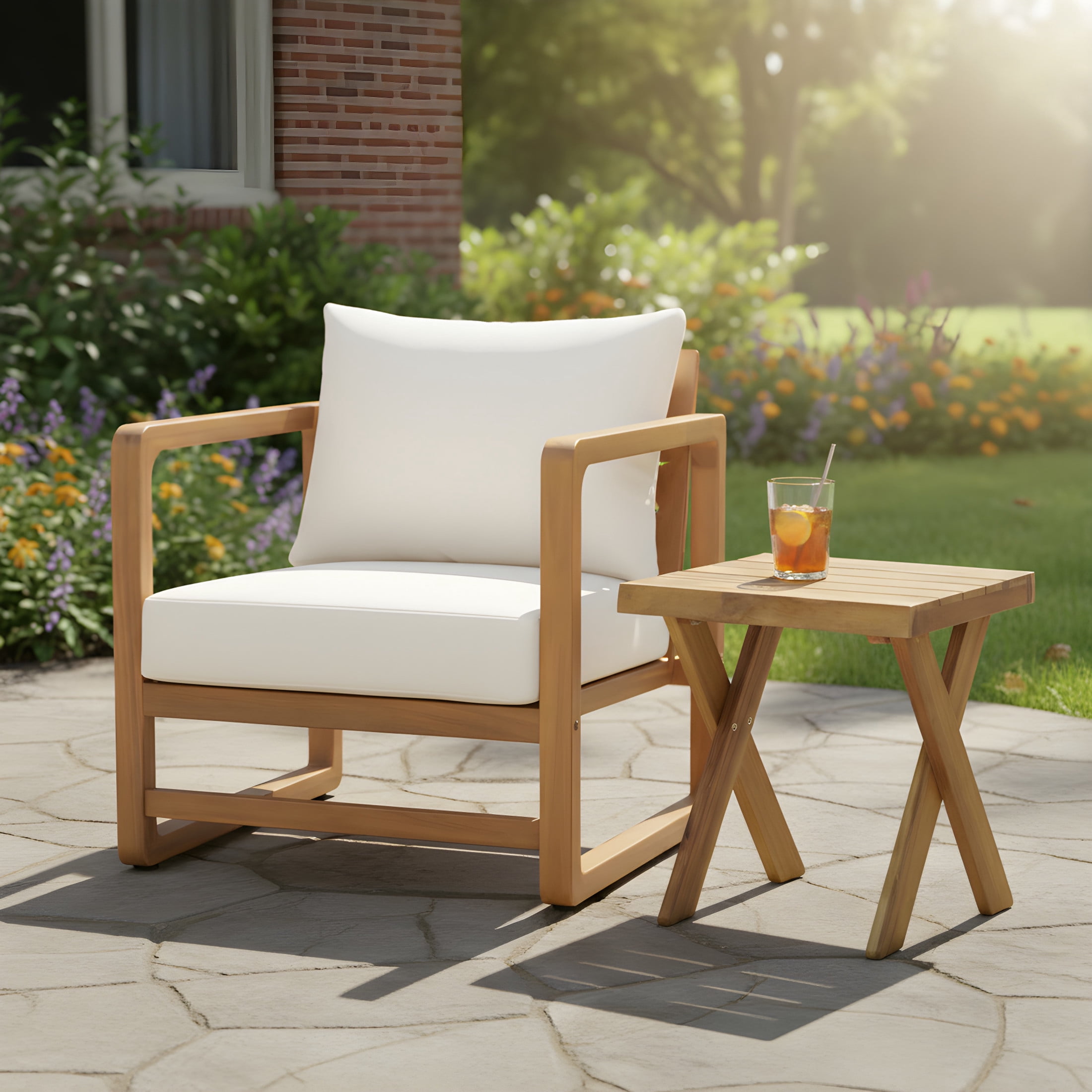 Christopher Knight Home Outdoor Chat Set, Acacia Wood Club Chair & Side Table, Beige Cushion