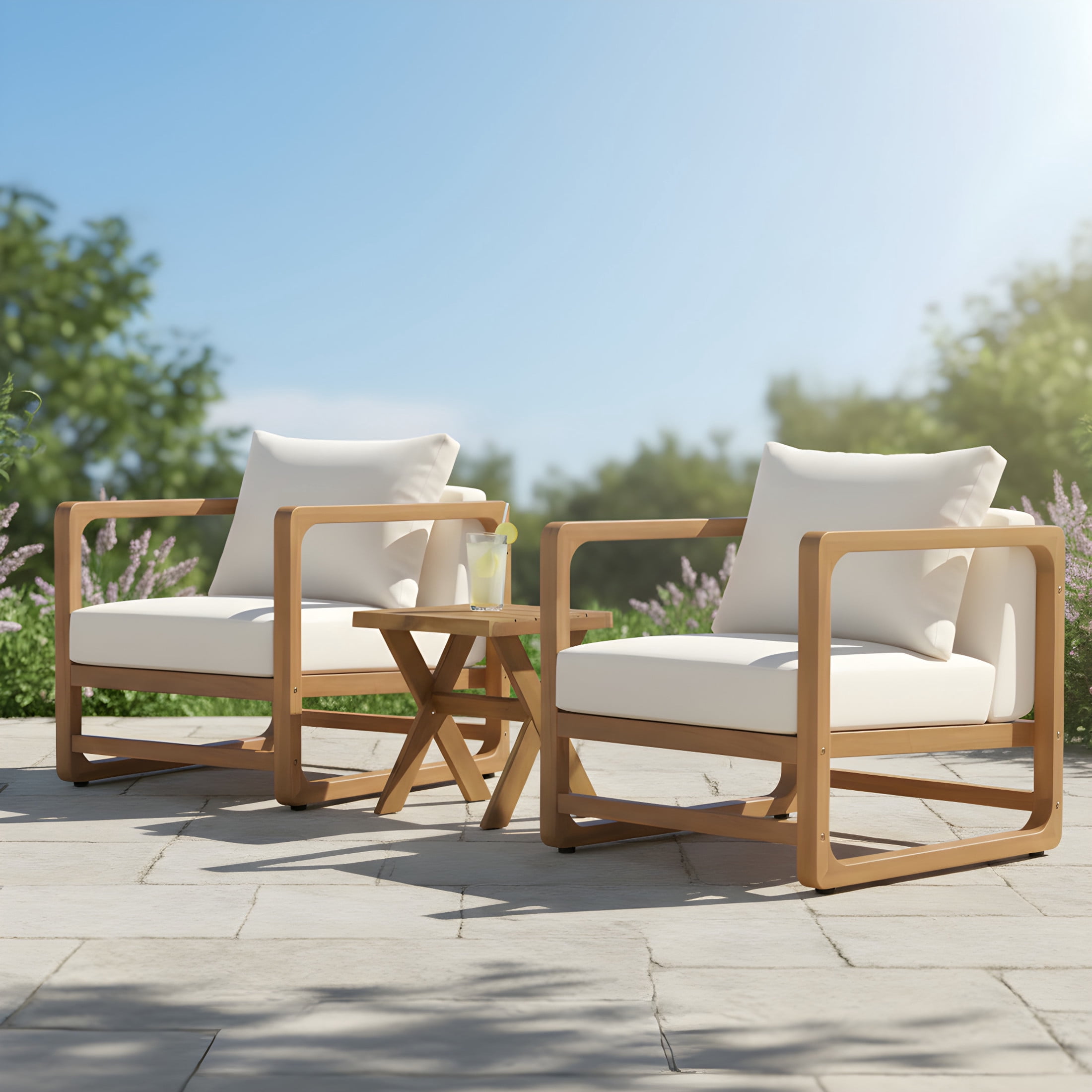 Christopher Knight Home Outdoor Chat Set, Acacia Wood Club Chairs & Side Table, Beige Cushion
