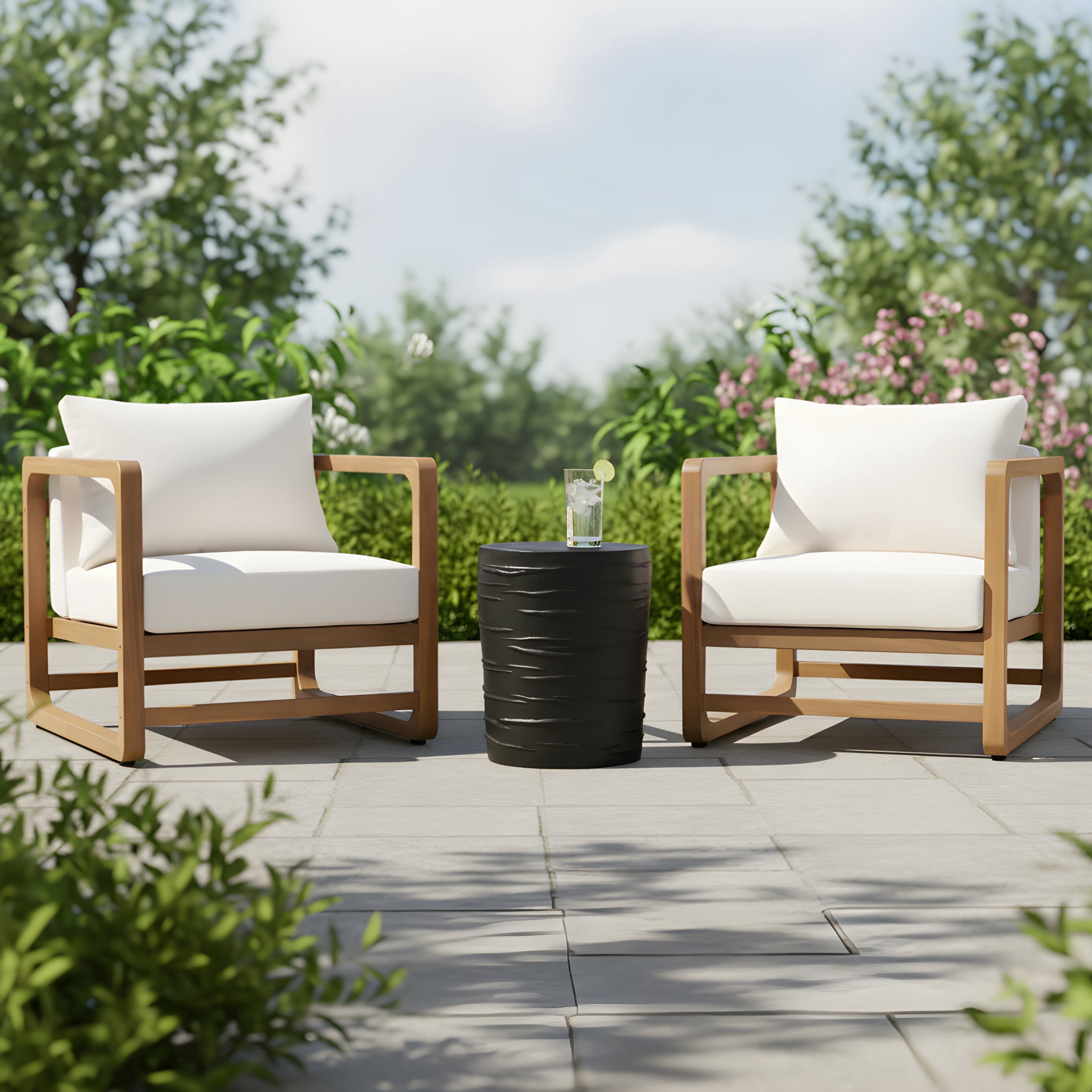 Christopher Knight Home Outdoor Chat Set, Acacia Wood Lounge Chairs & MGO Side Table, Beige Cushion