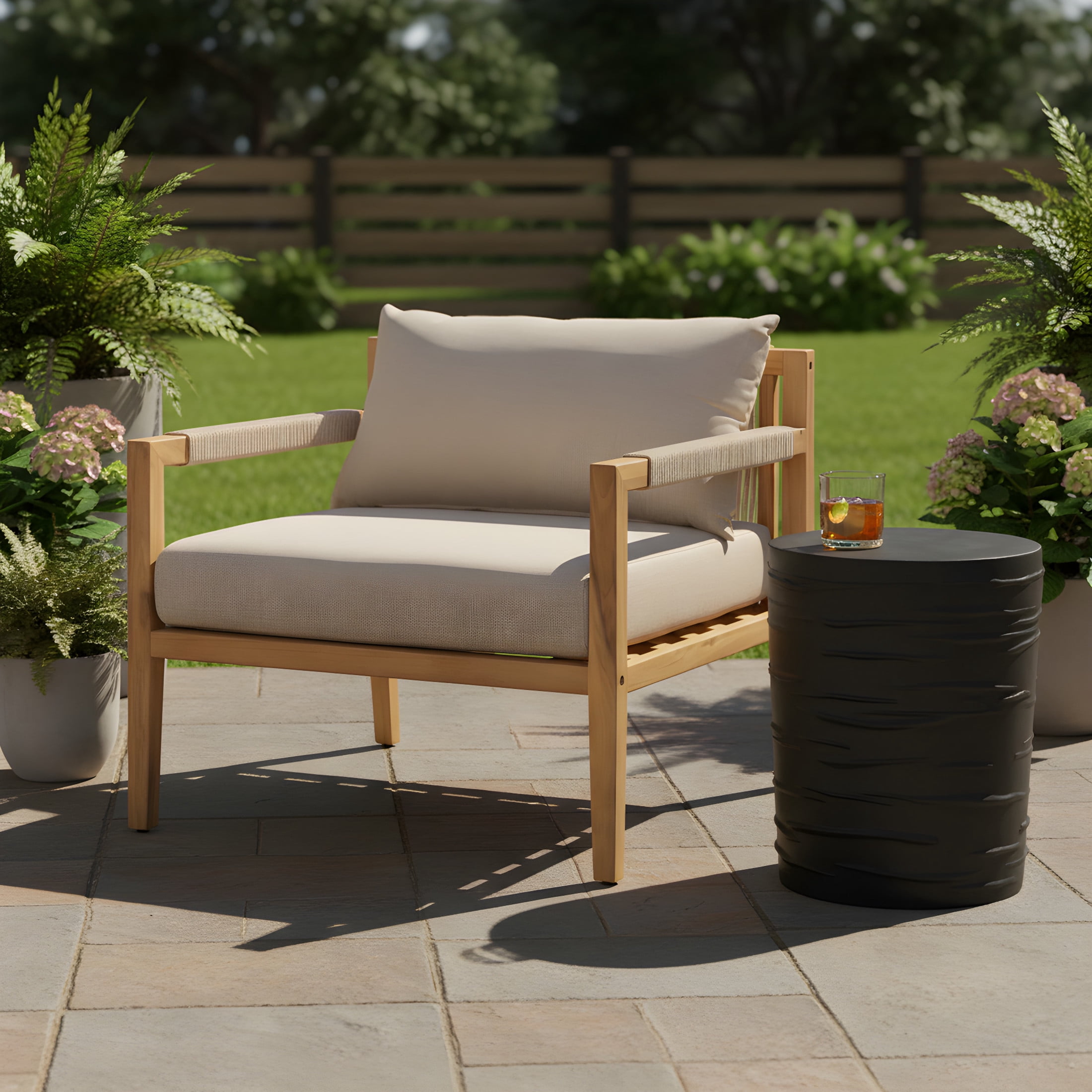 Christopher Knight Home Outdoor Chat Set, Acacia Wood Rope Lounge Chair & MGO Side Table, Beige Cushion