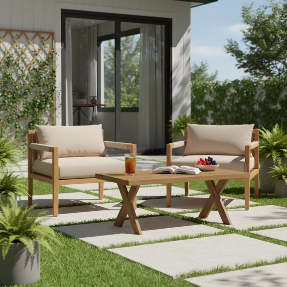 Christopher Knight Home Outdoor Chat Set, Acacia Wood Rope Lounge Chairs & Coffee Table, Beige Cushion