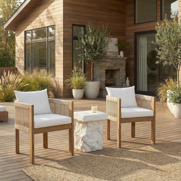 Christopher Knight Home Outdoor Chat Set, Dining Chairs with Cushions & Side Table, Teak+White