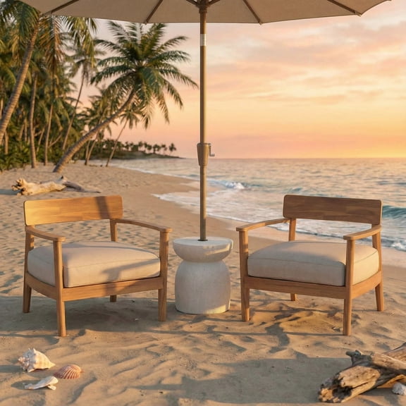 Christopher Knight Home Outdoor Chat Set for 2, Club Chairs with Cushions & Umbrella Side Table, Teak+White
