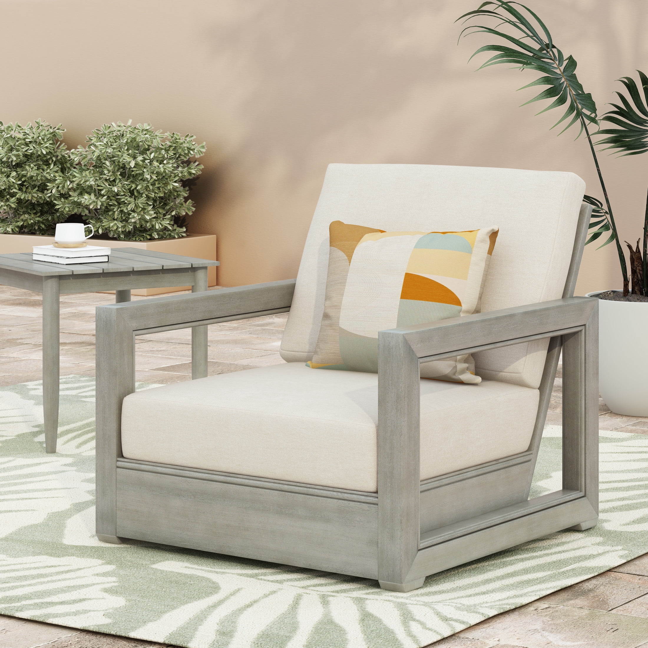 Christopher Knight Home Outdoor Club Chair, Light Gray Acacia Wood Frame with Slatted Design, Beige Cushions