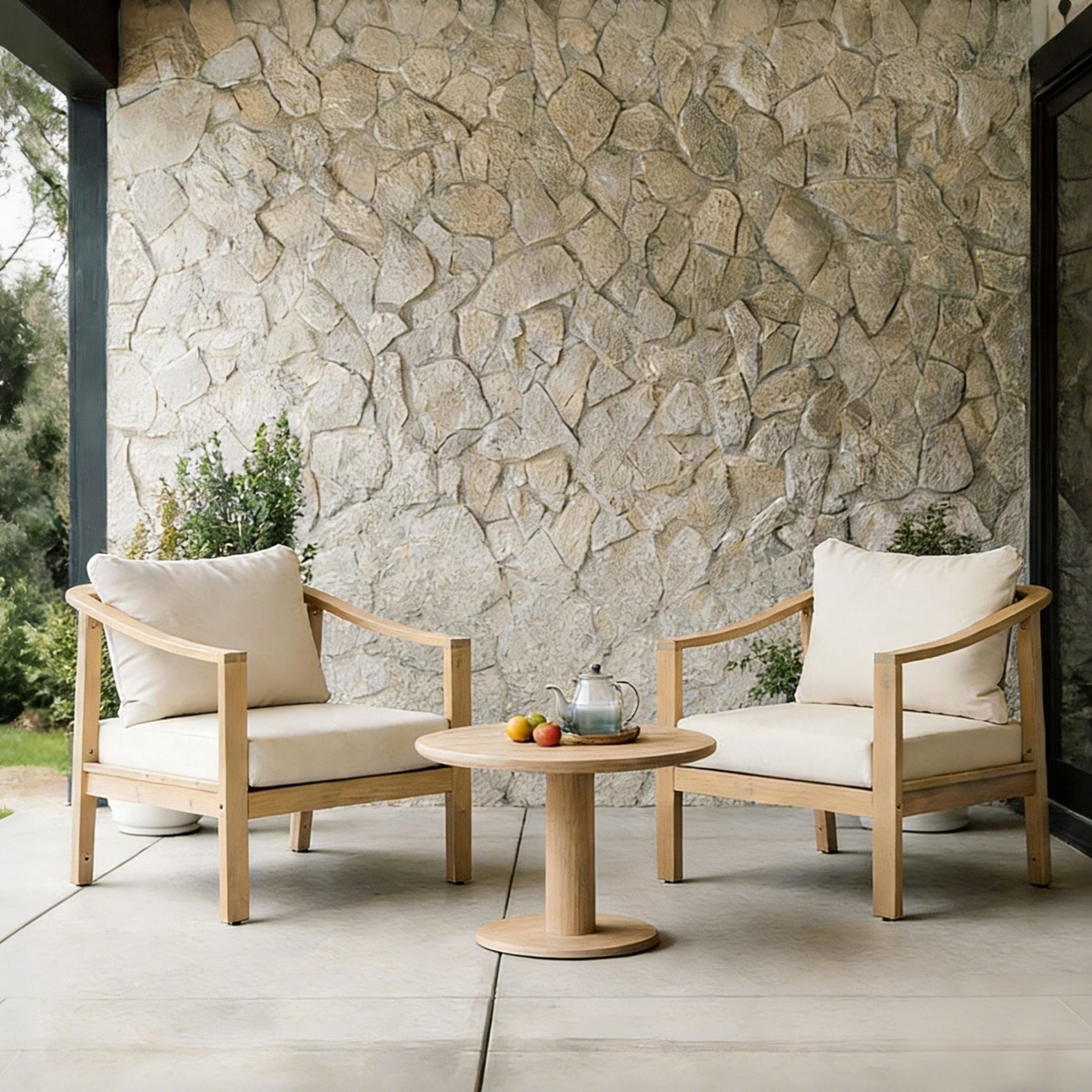 Christopher Knight Home Outdoor Club Chair Set of 2, Slatted Backrest and Cushions, Light Teak + Cream