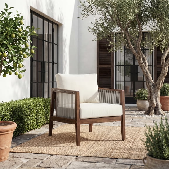 Christopher Knight Home Outdoor Club Chair with Cushions, Wood Frame and Rope Back, Dark Brown Beige