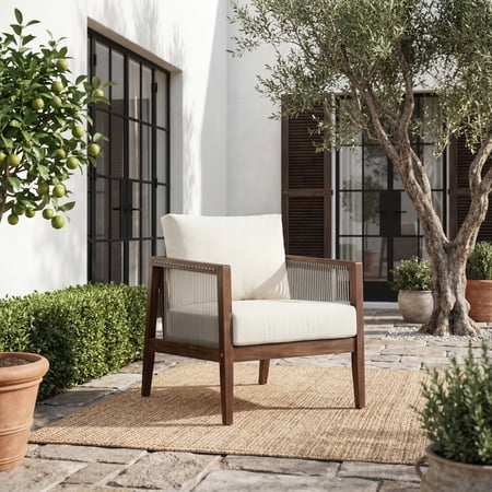 Christopher Knight Home Outdoor Club Chair with Cushions, Wood Frame and Rope Back, Dark Brown + Beige