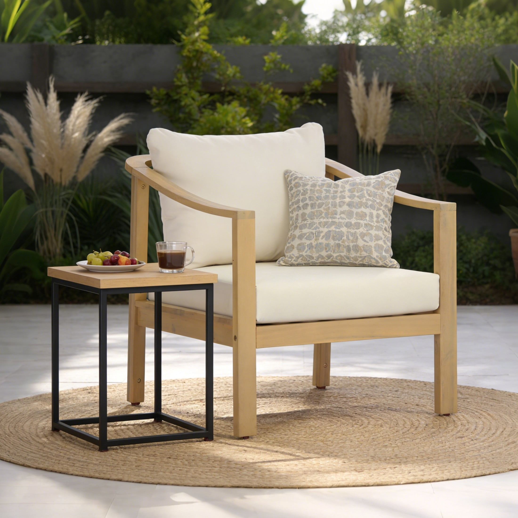 Christopher Knight Home Outdoor Club Chair with Slatted Backrest and Cushions, Light Teak + Cream