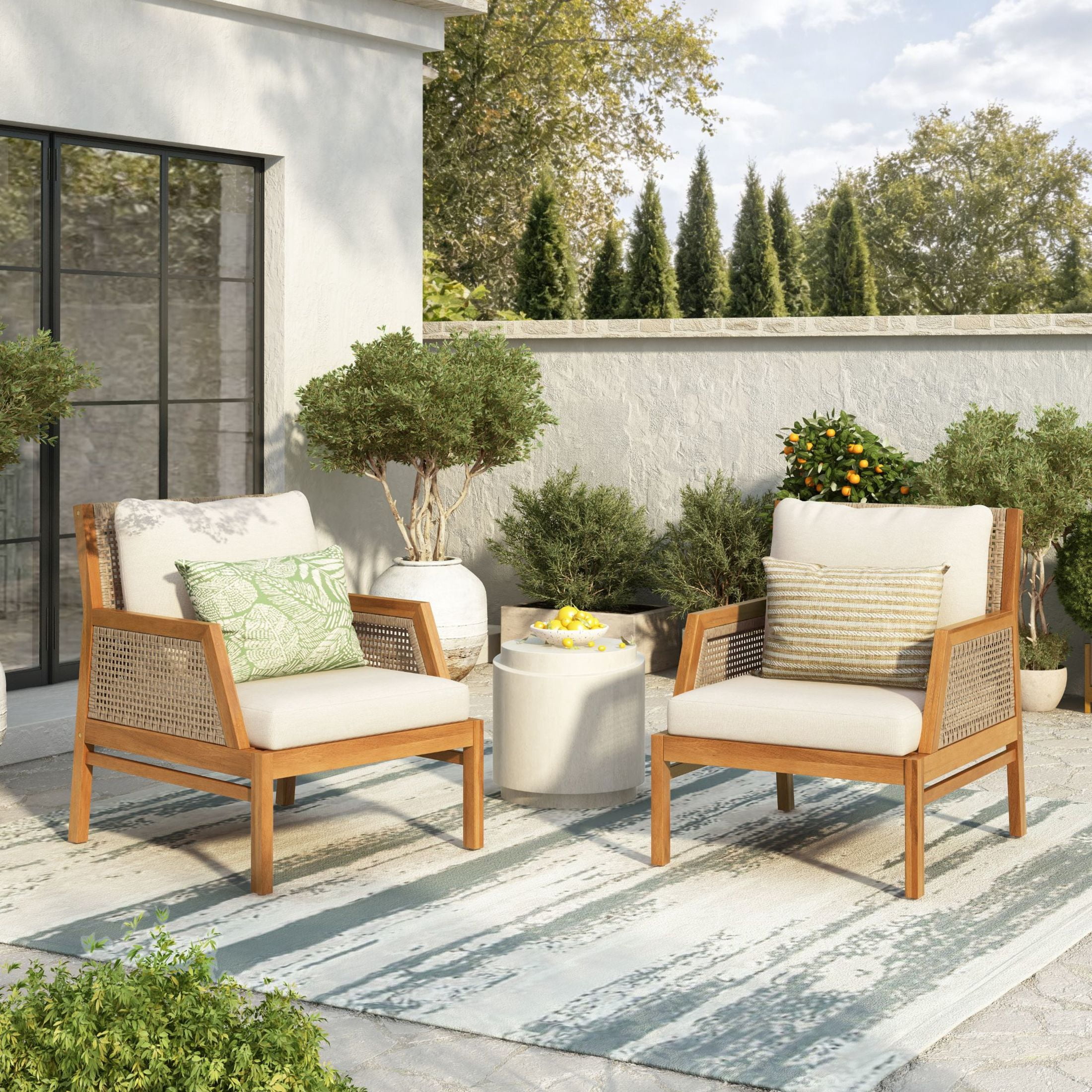 Christopher Knight Home Outdoor Club Chairs with Wicker Details and Cushions, Set of 2, Teak + Beige