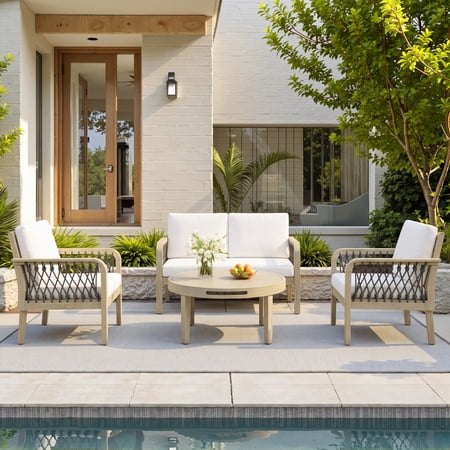 Christopher Knight Home Outdoor Conversation Set for 4 with Loveseat, Club Chairs & Coffee Table, Light Teak