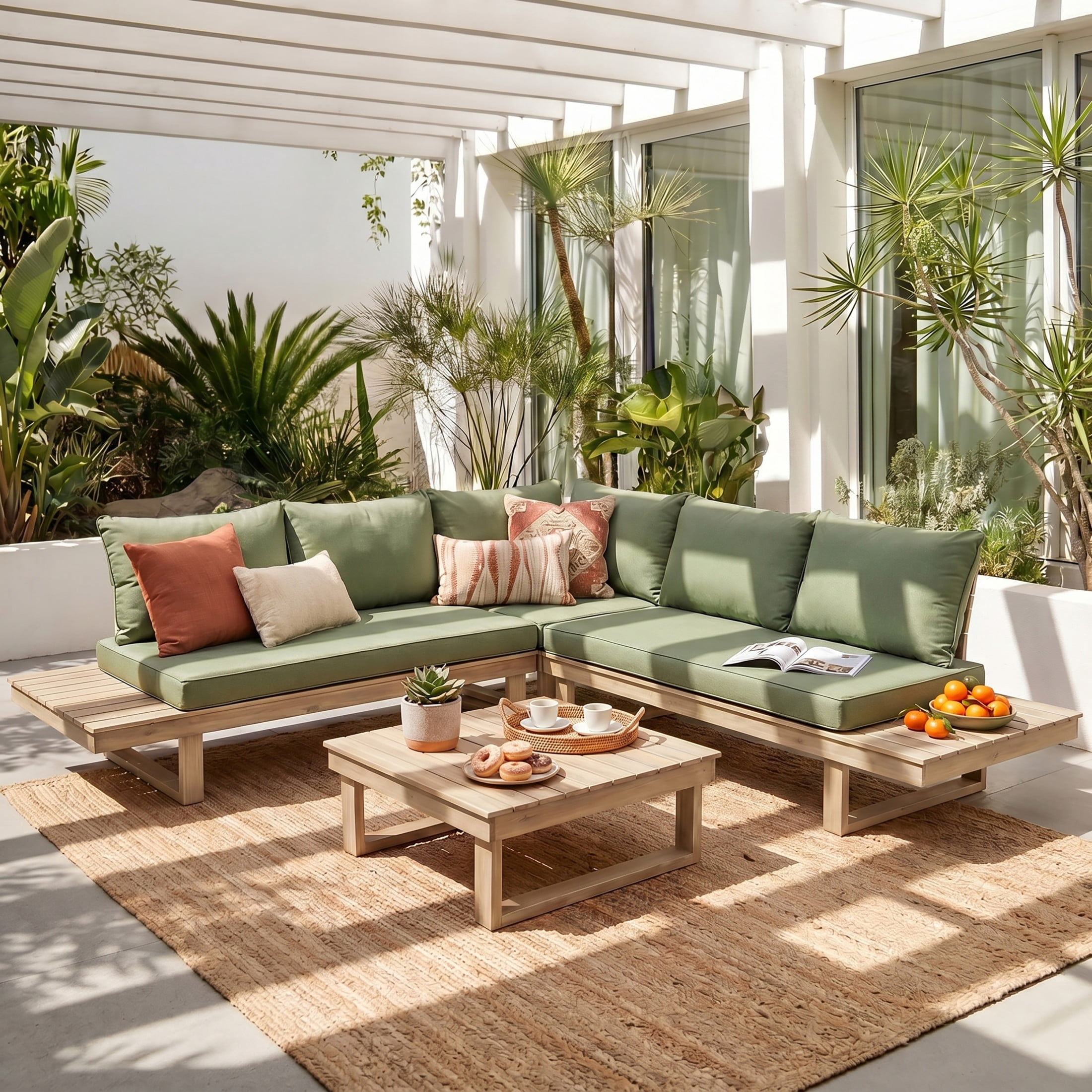 Christopher Knight Home Outdoor Conversation Set with Coffee Table, 5 Seats, Light White+Green Cushion