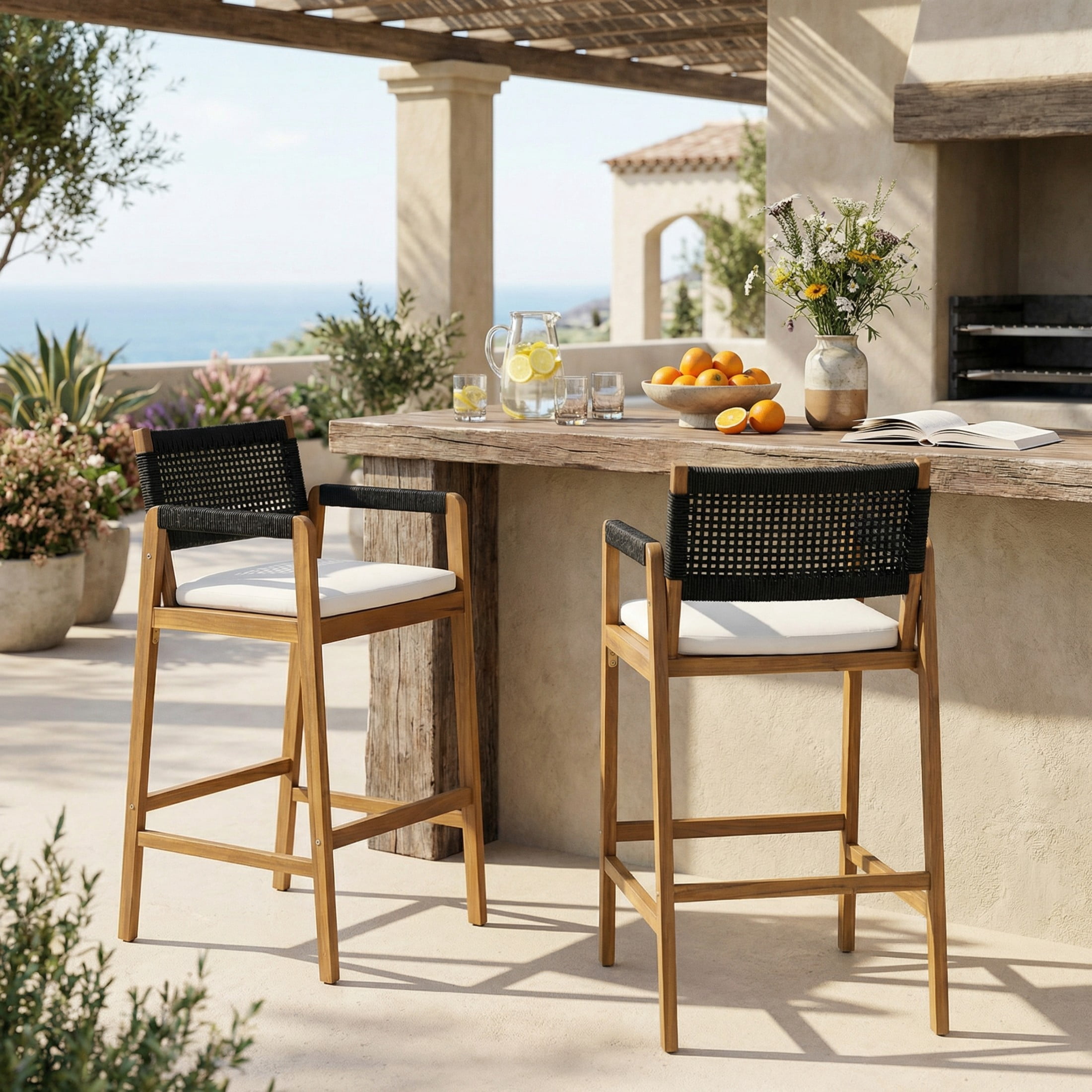 Christopher Knight Home Outdoor Counter Height Bar Stools with Rope Back and Cushions, Black, Set of 2