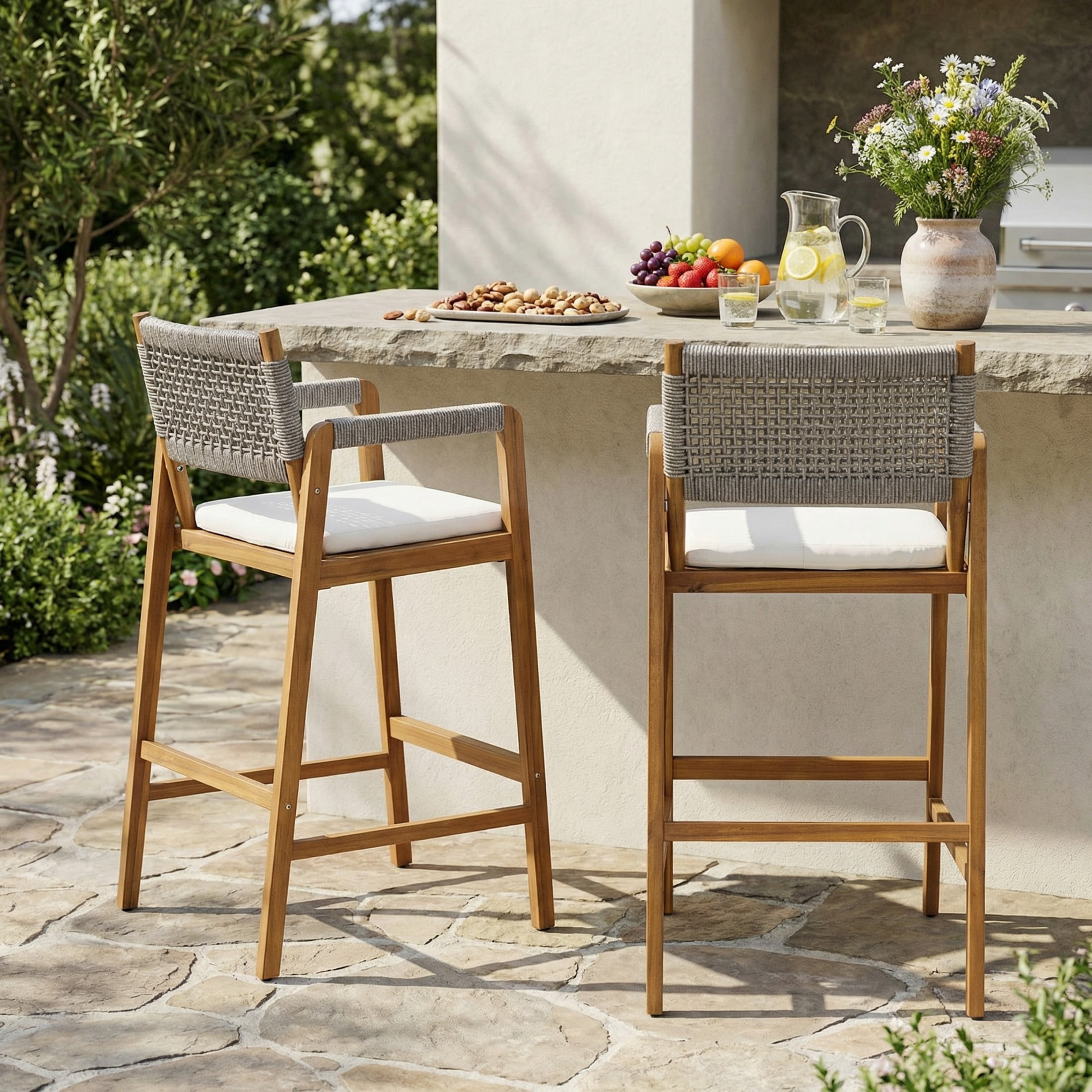 Christopher Knight Home Outdoor Counter Height Bar Stools with Rope Back and Cushions, Gray, Set of 2