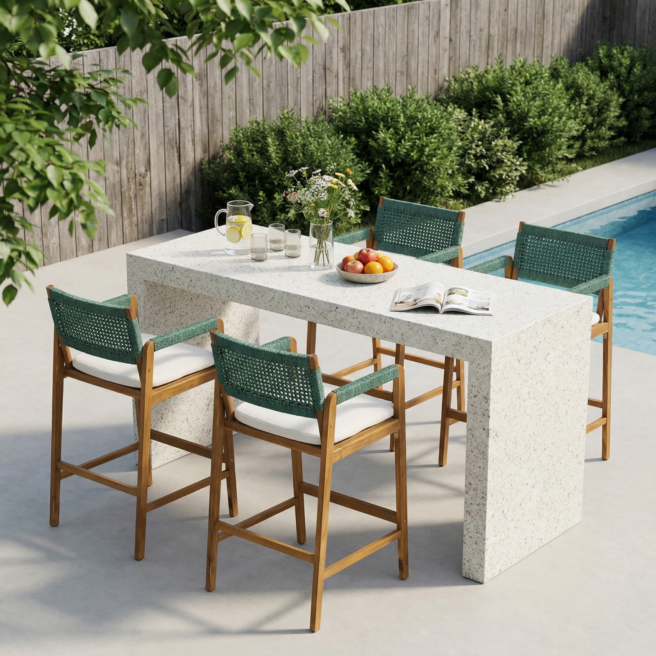 Christopher Knight Home Outdoor Counter Height Bar Stools with Rope Back and Cushions, Green, Set of 4