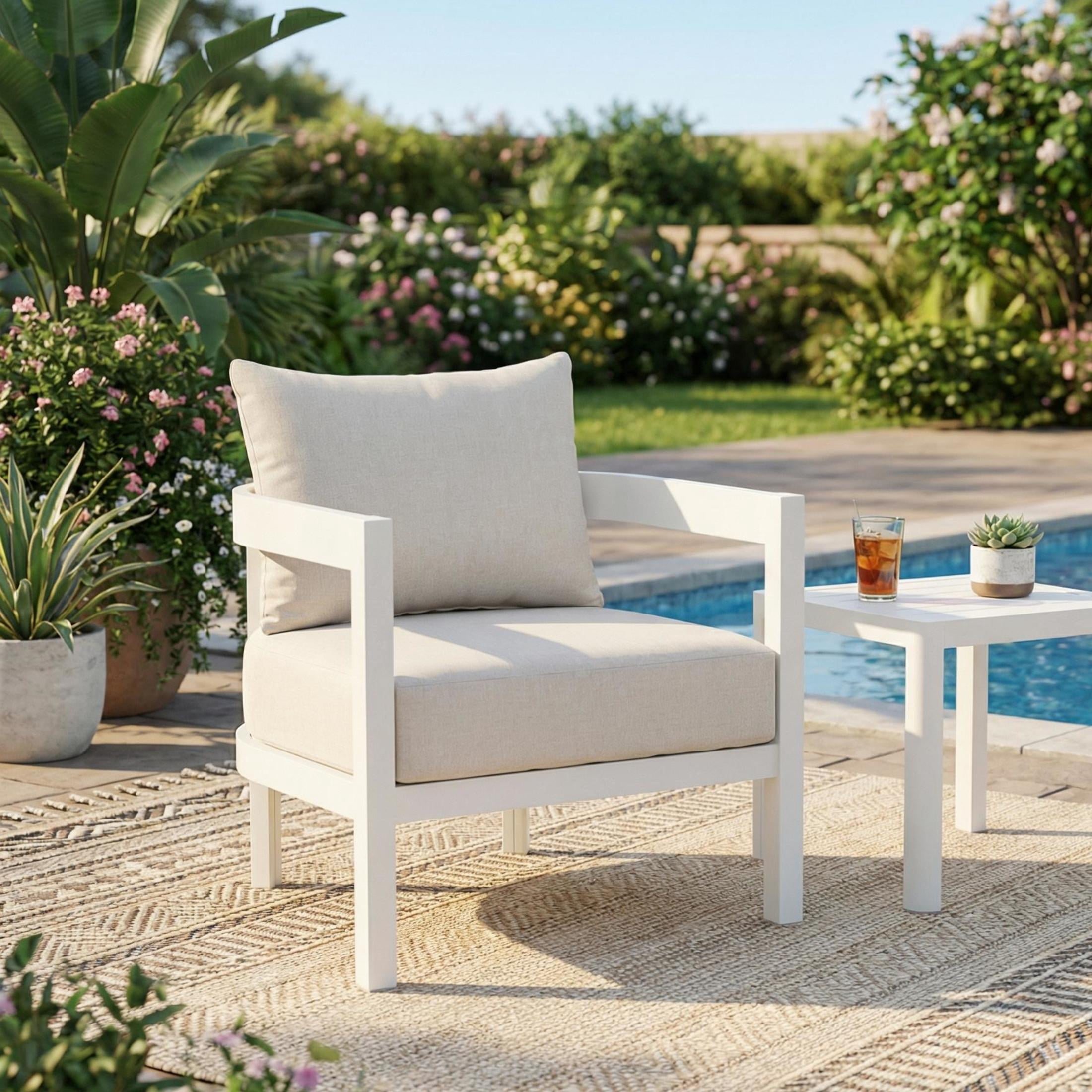 Christopher Knight Home Outdoor Curved Patio Accent Chair with Cushion, White + Beige