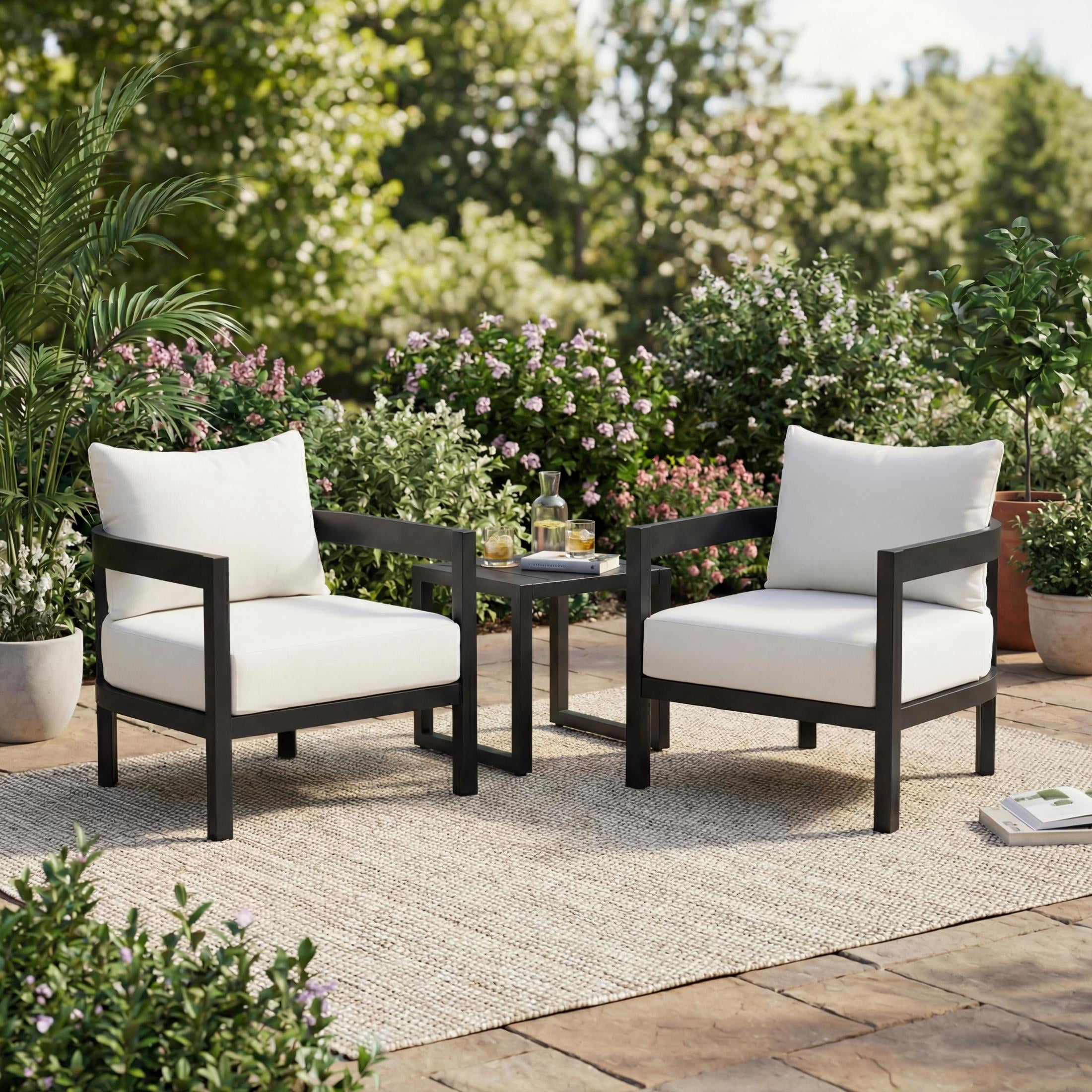 Christopher Knight Home Outdoor Curved Patio Accent Chairs with Cushions, Set of 2, Black + White