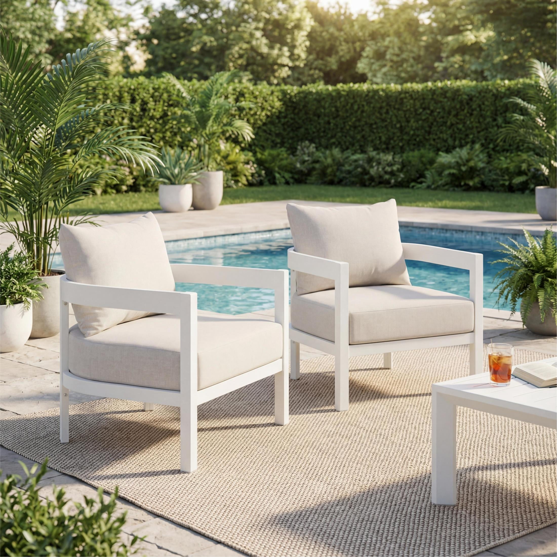 Christopher Knight Home Outdoor Curved Patio Accent Chairs with Cushions, Set of 2, White + Beige