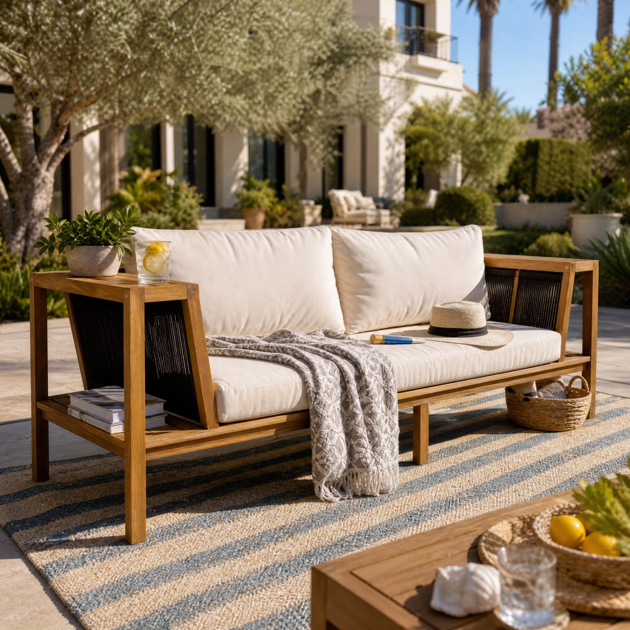 Christopher Knight Home Outdoor Daybed Sofa with Cushions, 2-Seater Patio Bench, Teak + Cream