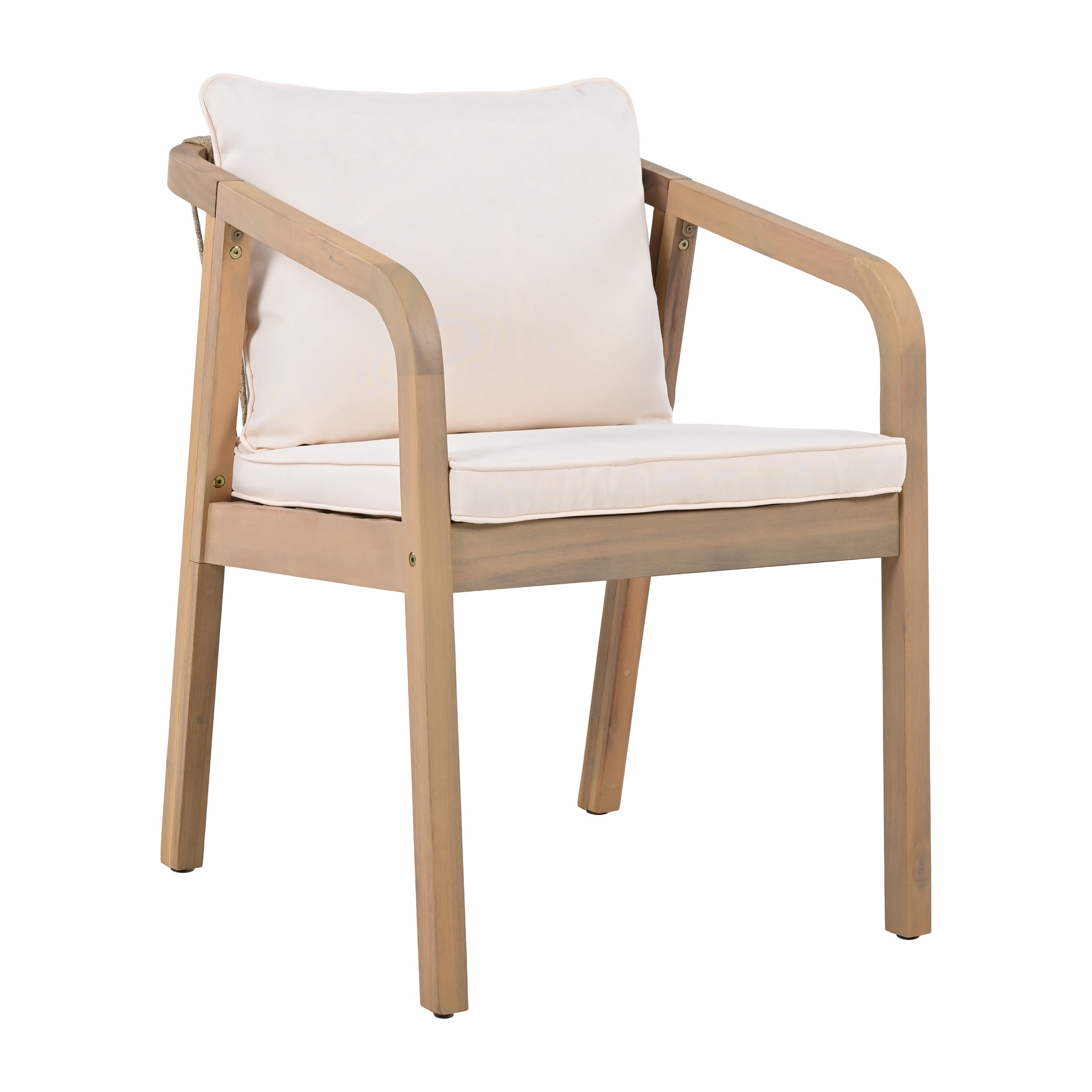 Christopher Knight Home Outdoor Dining Armchairs with Woven Rope Backrest, Cream Cushion, Light Teak Finish, Set of 2