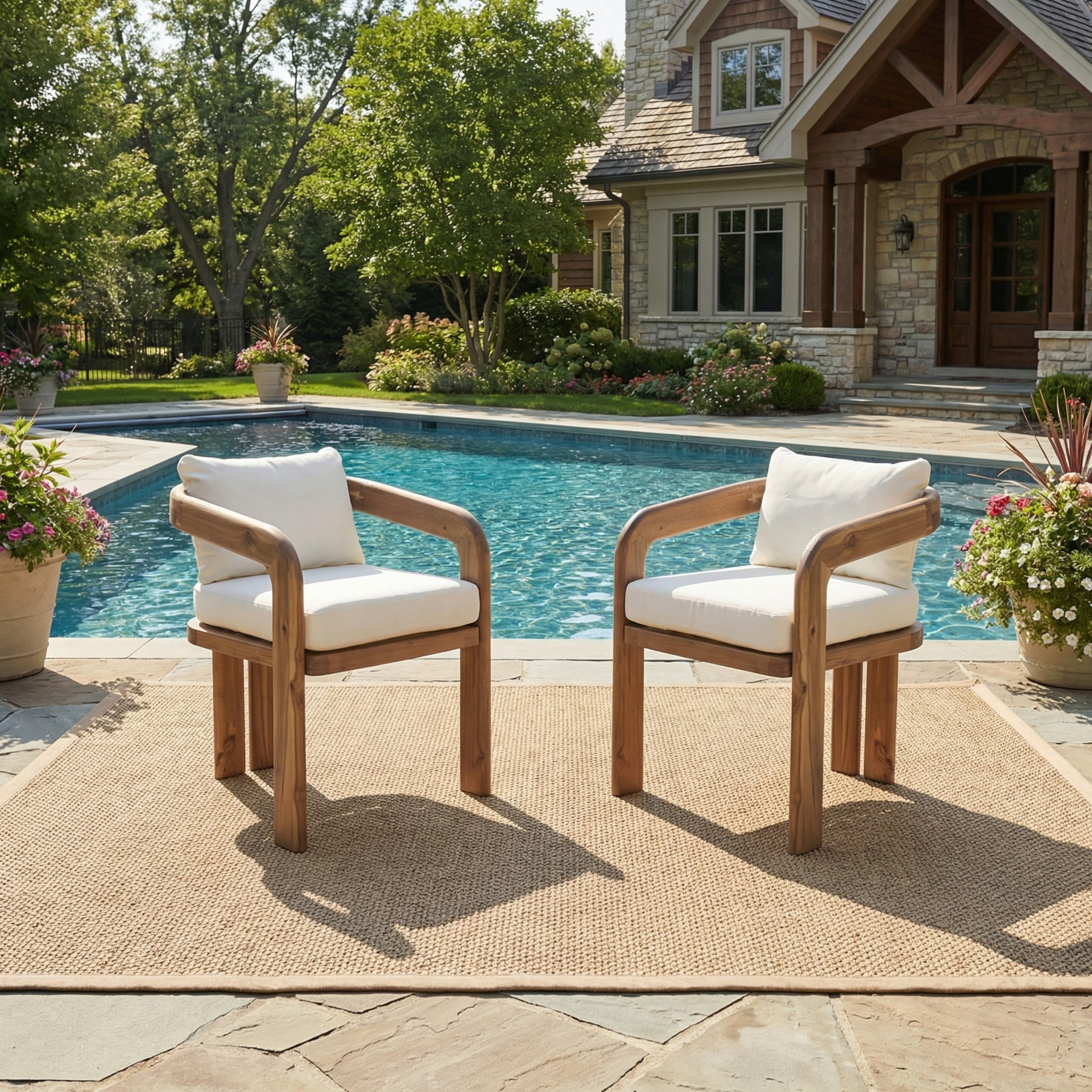 Christopher Knight Home Outdoor Dining Chairs, Natural Acacia Wood Frame with Cream Cushions, Set of 2