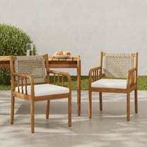 Christopher Knight Home Outdoor Dining Chairs with Rattan Back, Teak Wood Frame, Cream Cushions, Set of 2