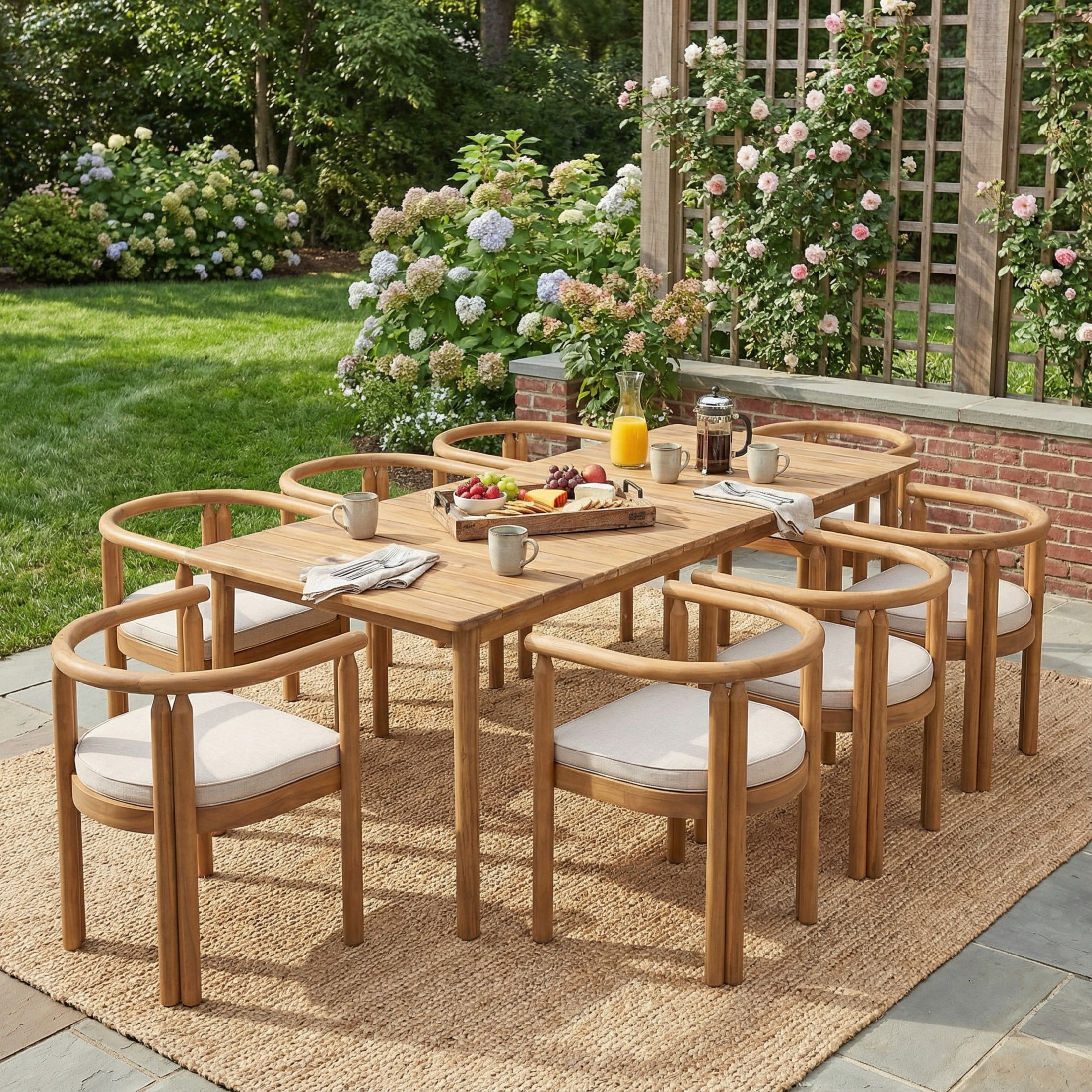 Christopher Knight Home Outdoor Dining Set, 8 Seats, Patio Arm Chairs with 79" Table, Teak+Beige