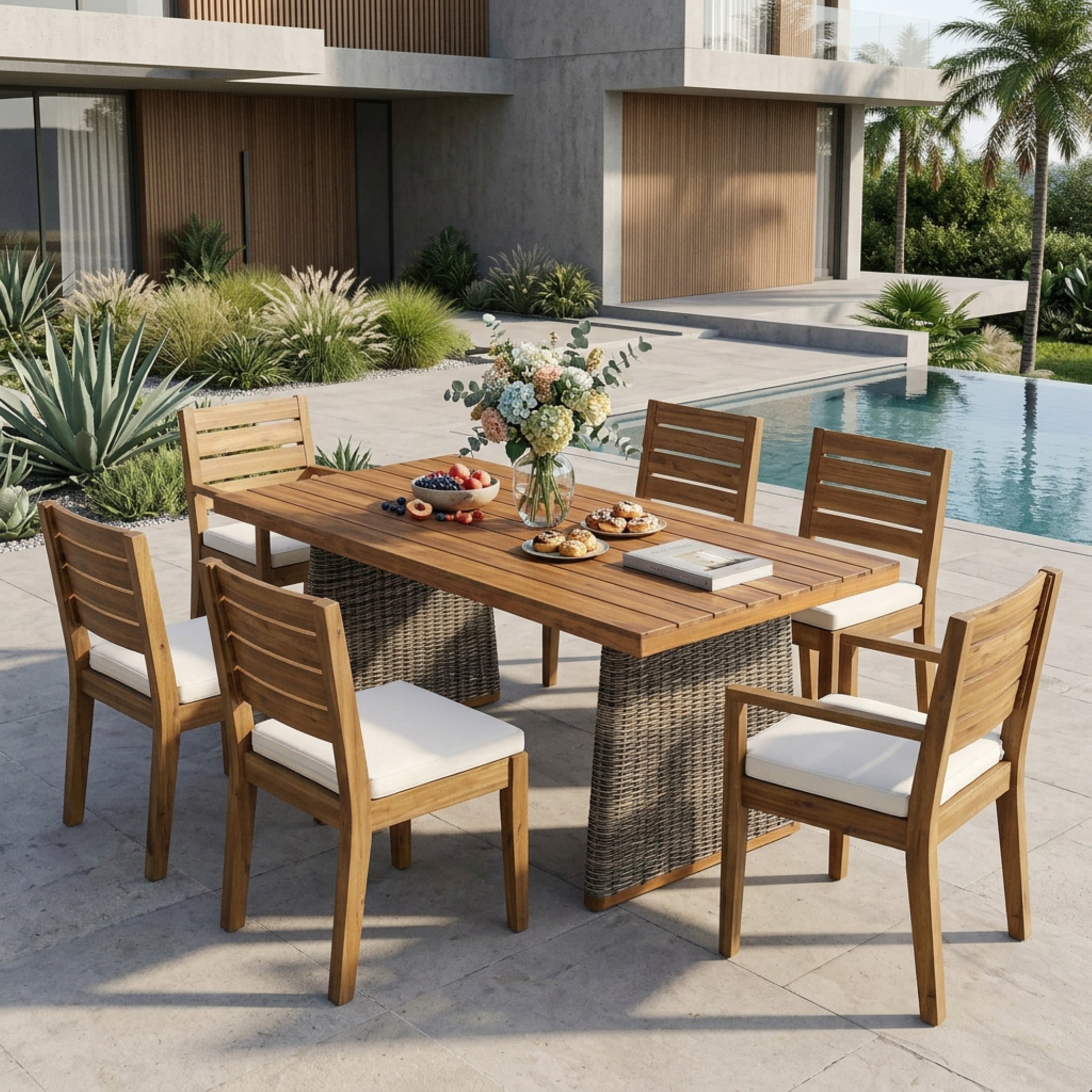 Christopher Knight Home Outdoor Dining Set for 6, Wood Table with Beige Cushioned Chairs, Gray Wicker