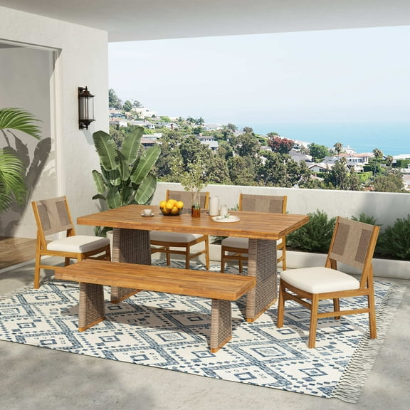 Christopher Knight Home Outdoor Dining Set with Bench for 6, Wood Table & Wicker Chairs, Cream Cushions