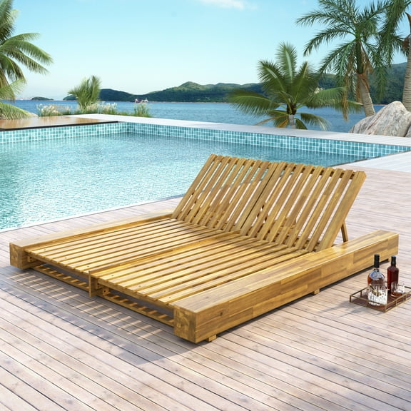 Christopher Knight Home Outdoor Double Chaise Lounge, Acacia Wood Frame, 4 Position with Adjustable Back, Teak