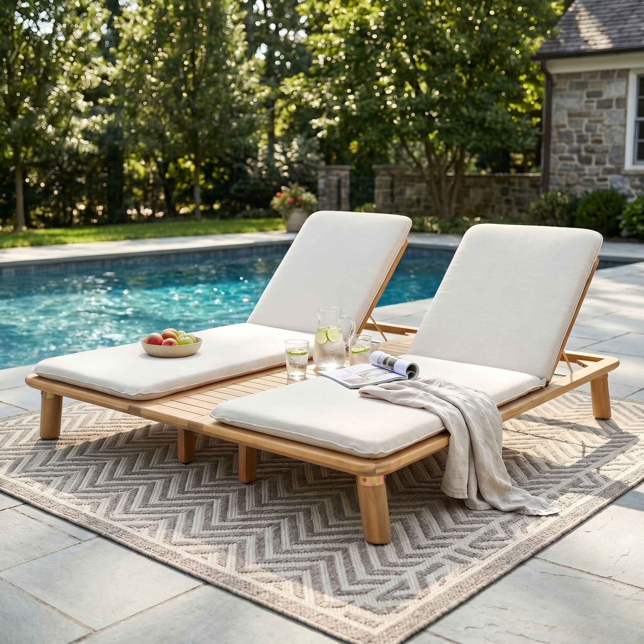 Christopher Knight Home Outdoor Double Chaise Lounge with Beige Cushions, Light Teak