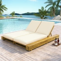 Christopher Knight Home Outdoor Double Chaise Lounge with Cushion, 4 Position Adjustable, Acacia Wood, Teak Cream