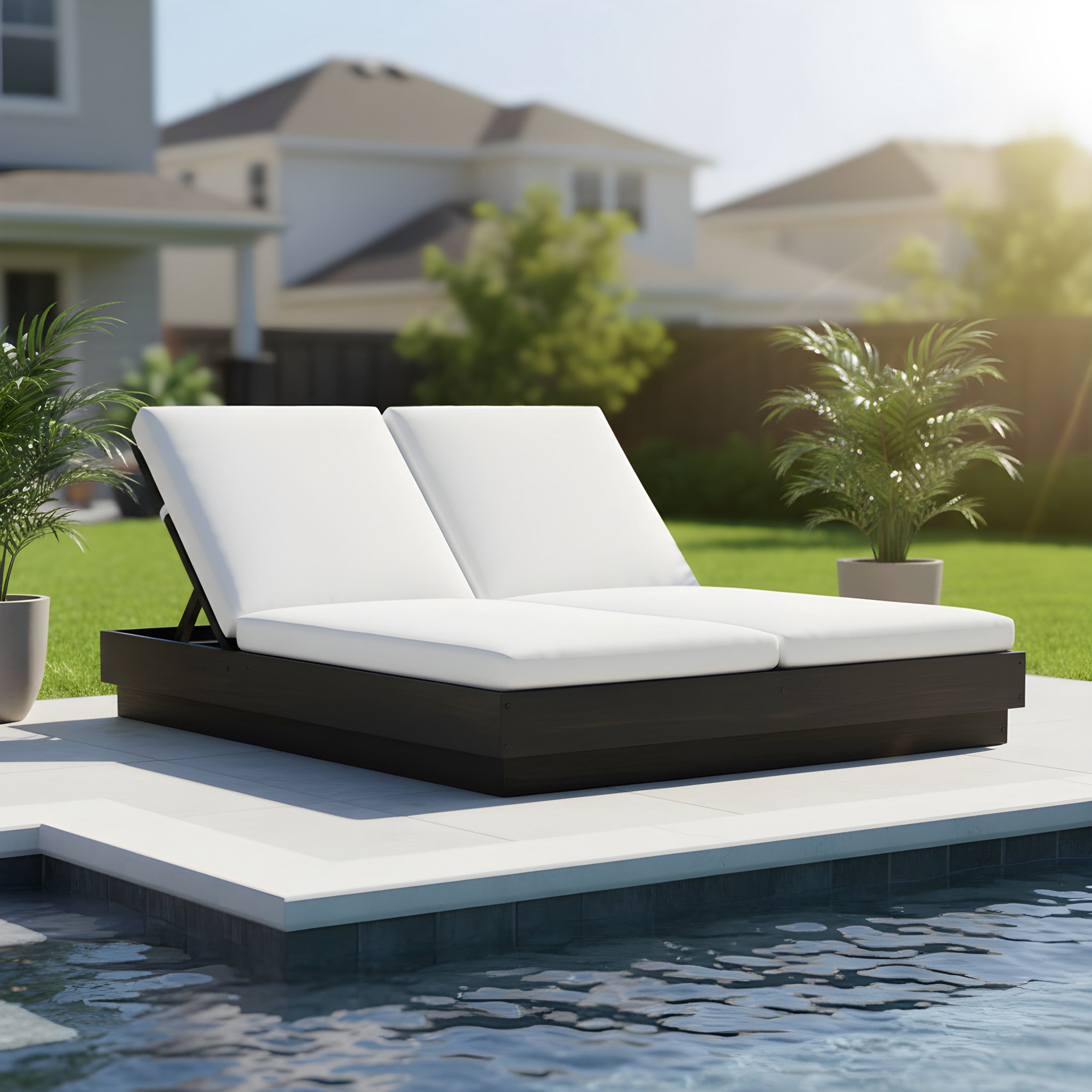 Christopher Knight Home Outdoor Double Chaise Lounge with Cushion, Adjustable Backrest, Black + White
