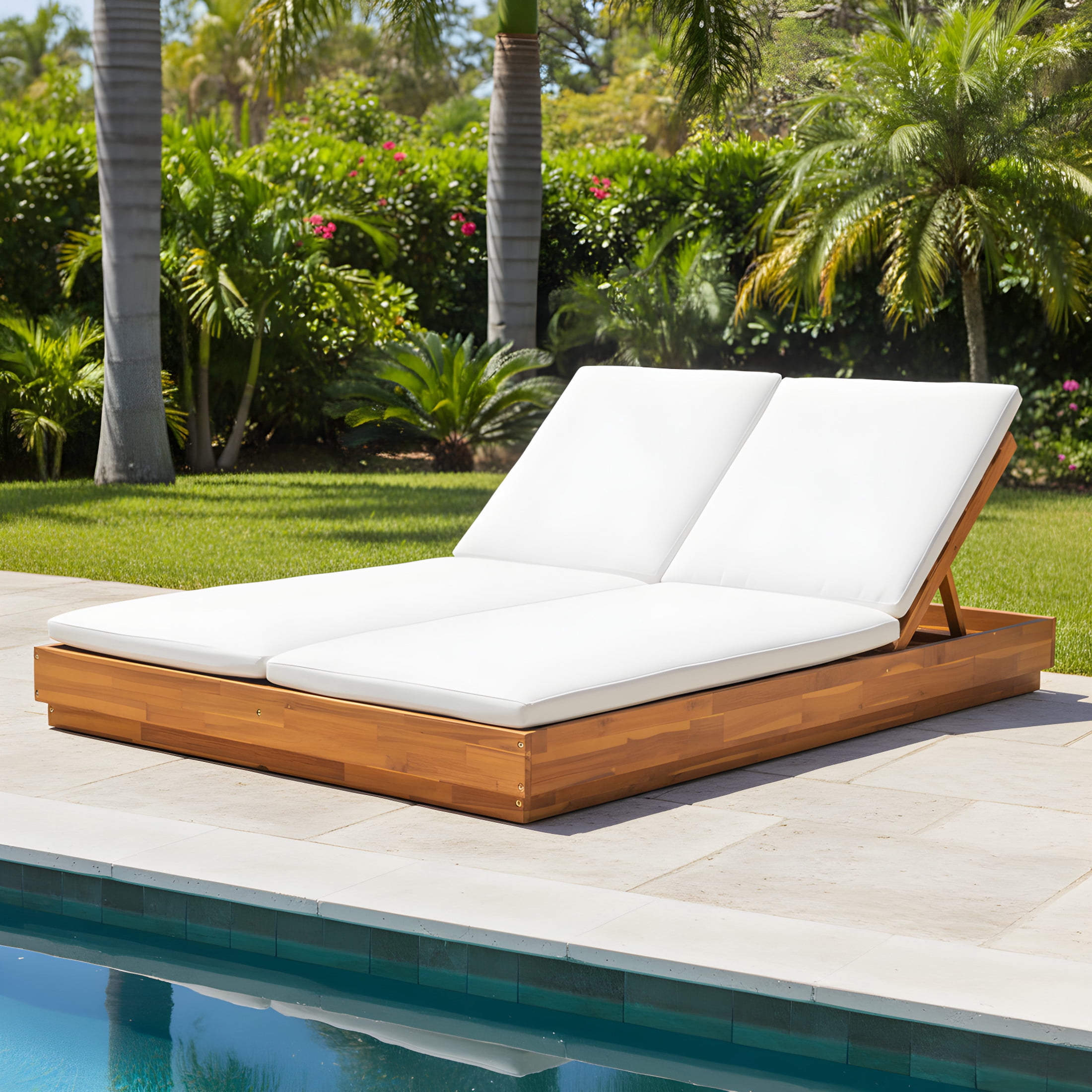 Christopher Knight Home Outdoor Double Chaise Lounge with Cushion, Adjustable Backrest, Natural + White