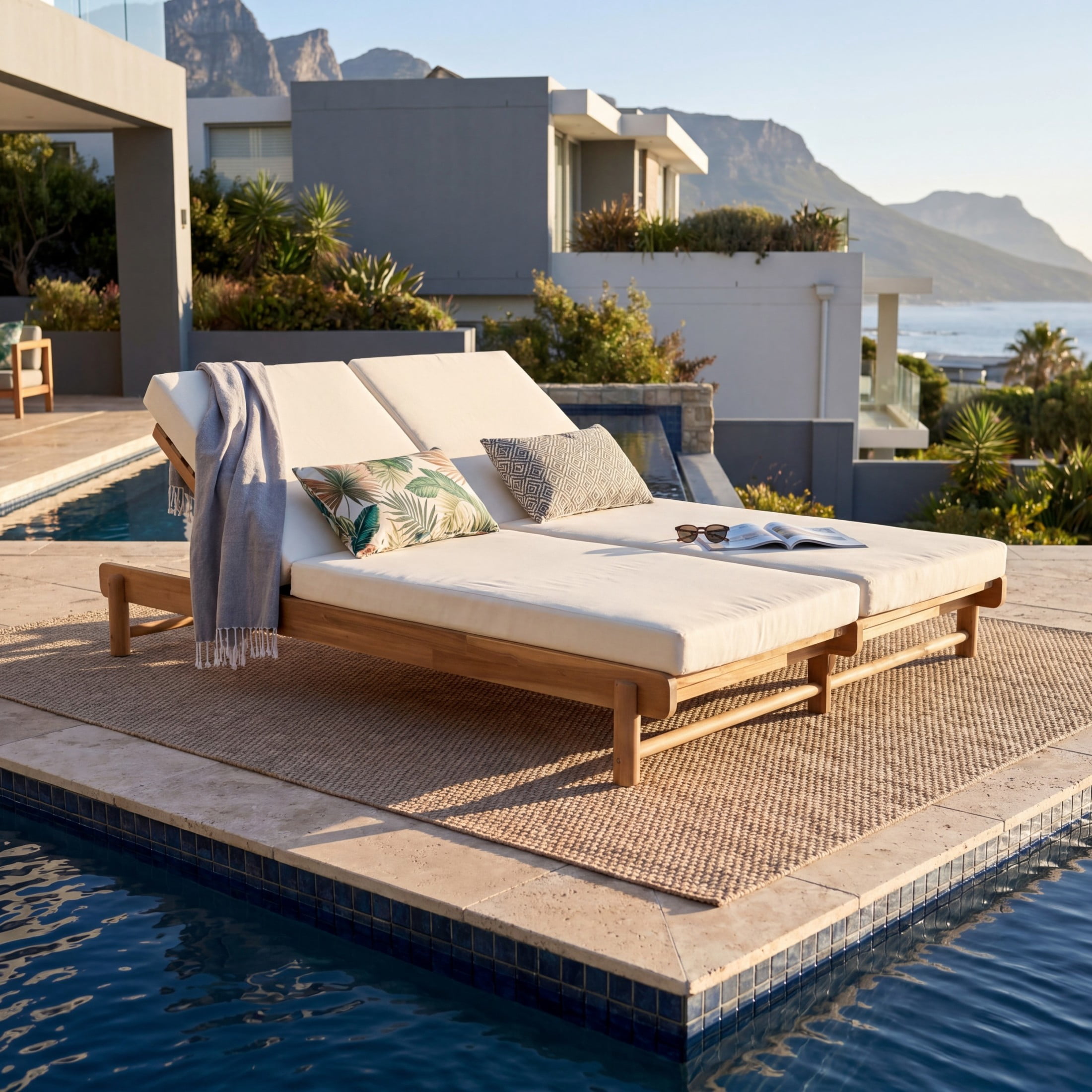 Christopher Knight Home Outdoor Double Chaise Lounge with Cushions, Adjustable Backrests, Light Teak + Cream