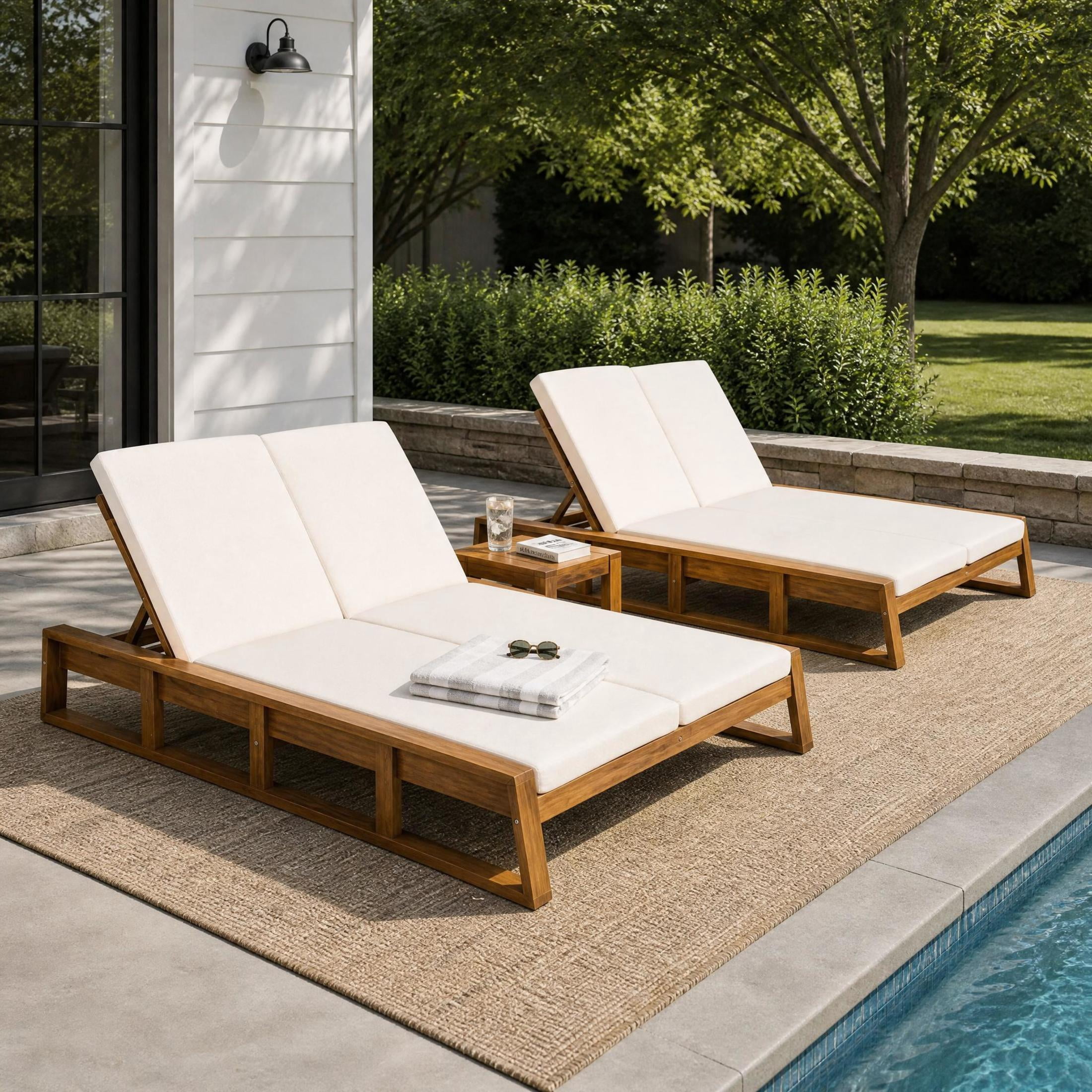 Christopher Knight Home Outdoor Double Chaise Lounges with Adjustable Backrests, Set of 2, Natural + Beige