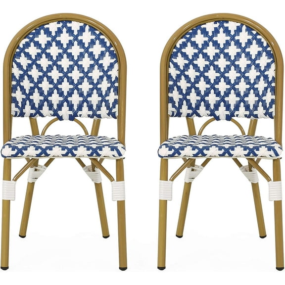 Christopher Knight Home Outdoor French Bistro Chair (Set of 2), Blue + White + Bamboo Print Finish