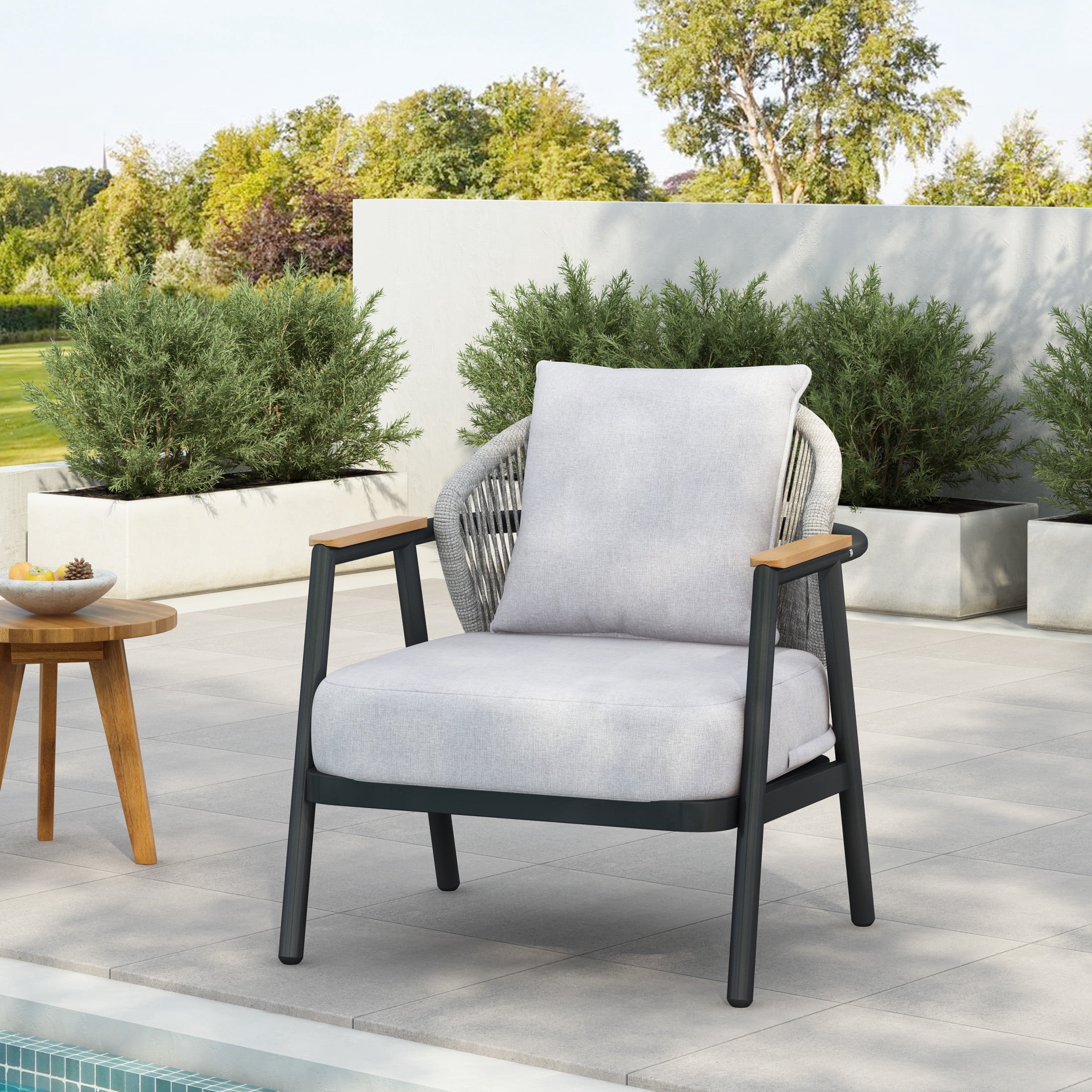 Christopher Knight Home Outdoor Iron Lounge Chair with Rope Backrest, Faux Wood Armrests, Black+Gray