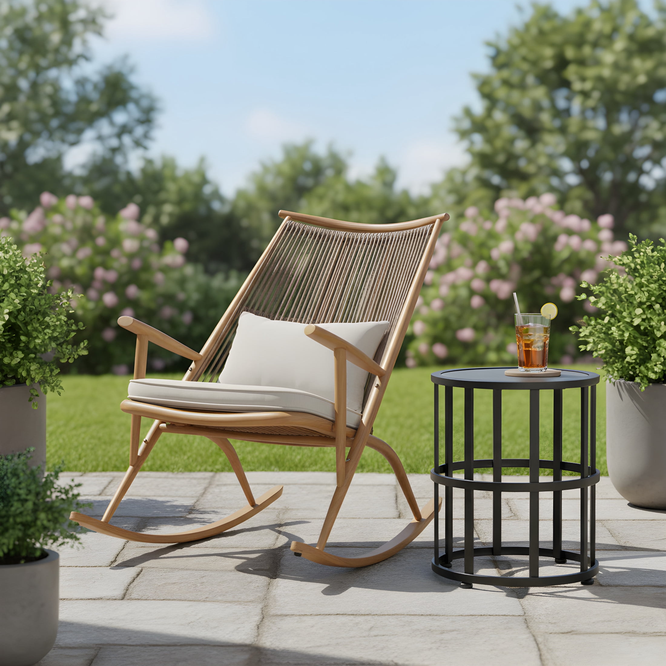 Christopher Knight Home Outdoor Iron Rattan Rocking Chair with 16.54" Side Table, Light Gray Cushion