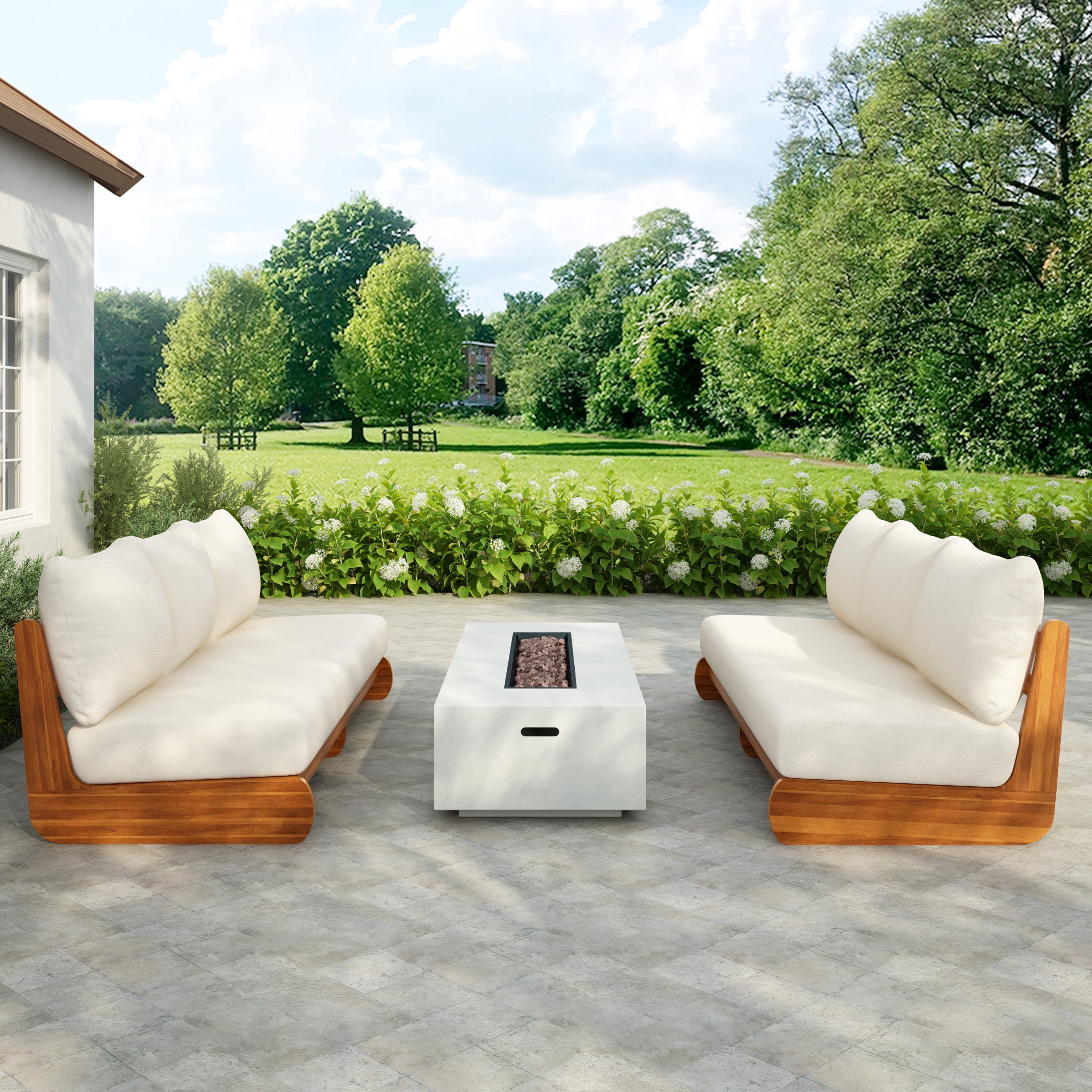 Christopher Knight Home Outdoor Lazy 3-Seater Sofas with Acacia Wood Frame and Beige Cushions, Set of 2
