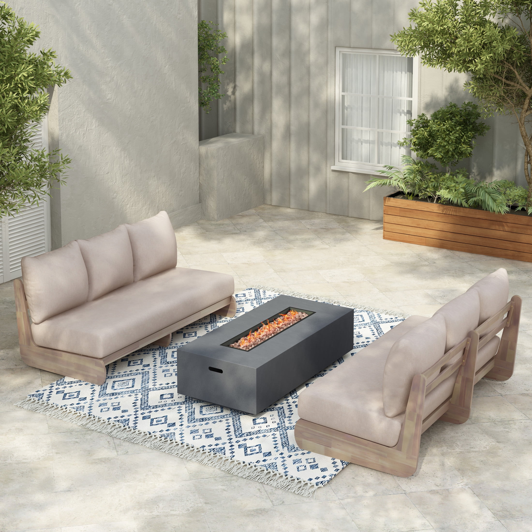 Christopher Knight Home Outdoor Lazy 3-Seater Sofas with Acacia Wood Frame and Sand Color Cushions, Set of 2