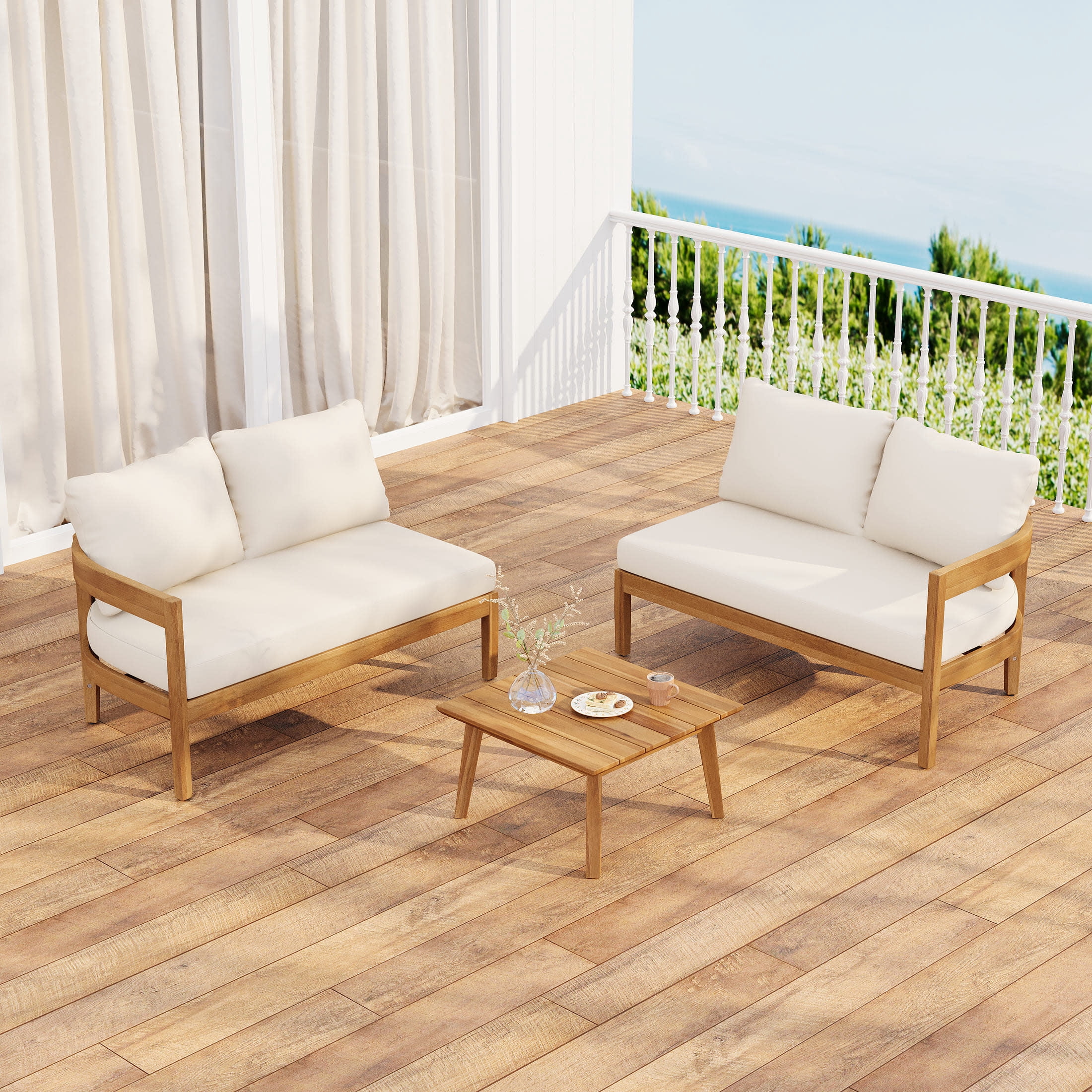 Christopher Knight Home Outdoor Left Right Arm Sectional Sofa Set with Cushions, Acacia Wood Frame, Beige