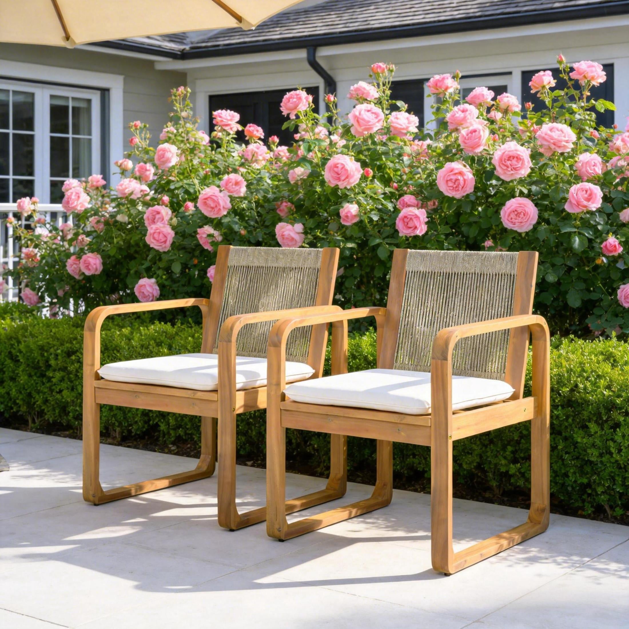 Christopher Knight Home Outdoor Light Teak Wood Dining Chairs with Beige Cushions, Rope Back, Set of 2