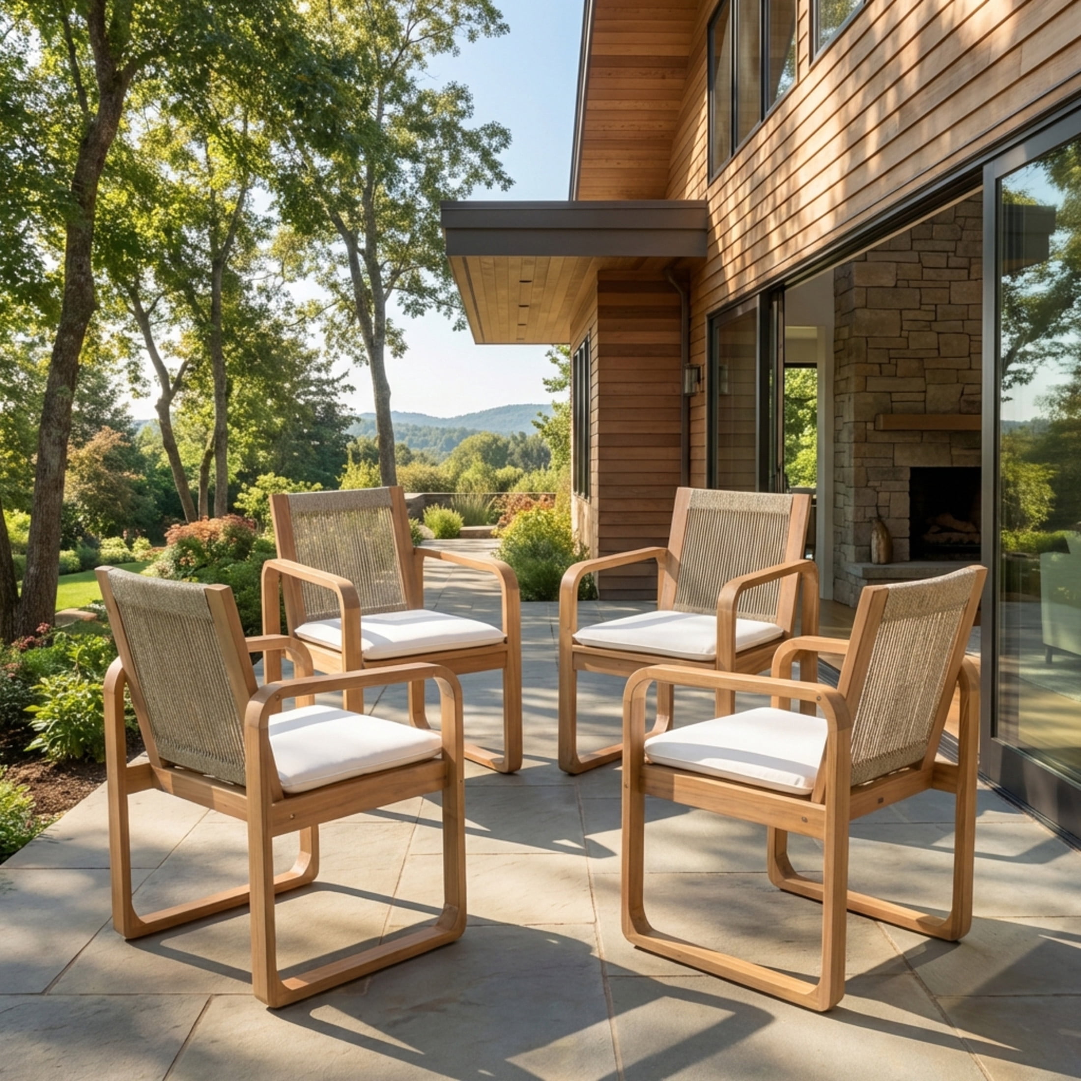 Christopher Knight Home Outdoor Light Teak Wood Dining Chairs with Beige Cushions, Rope Back, Set of 4