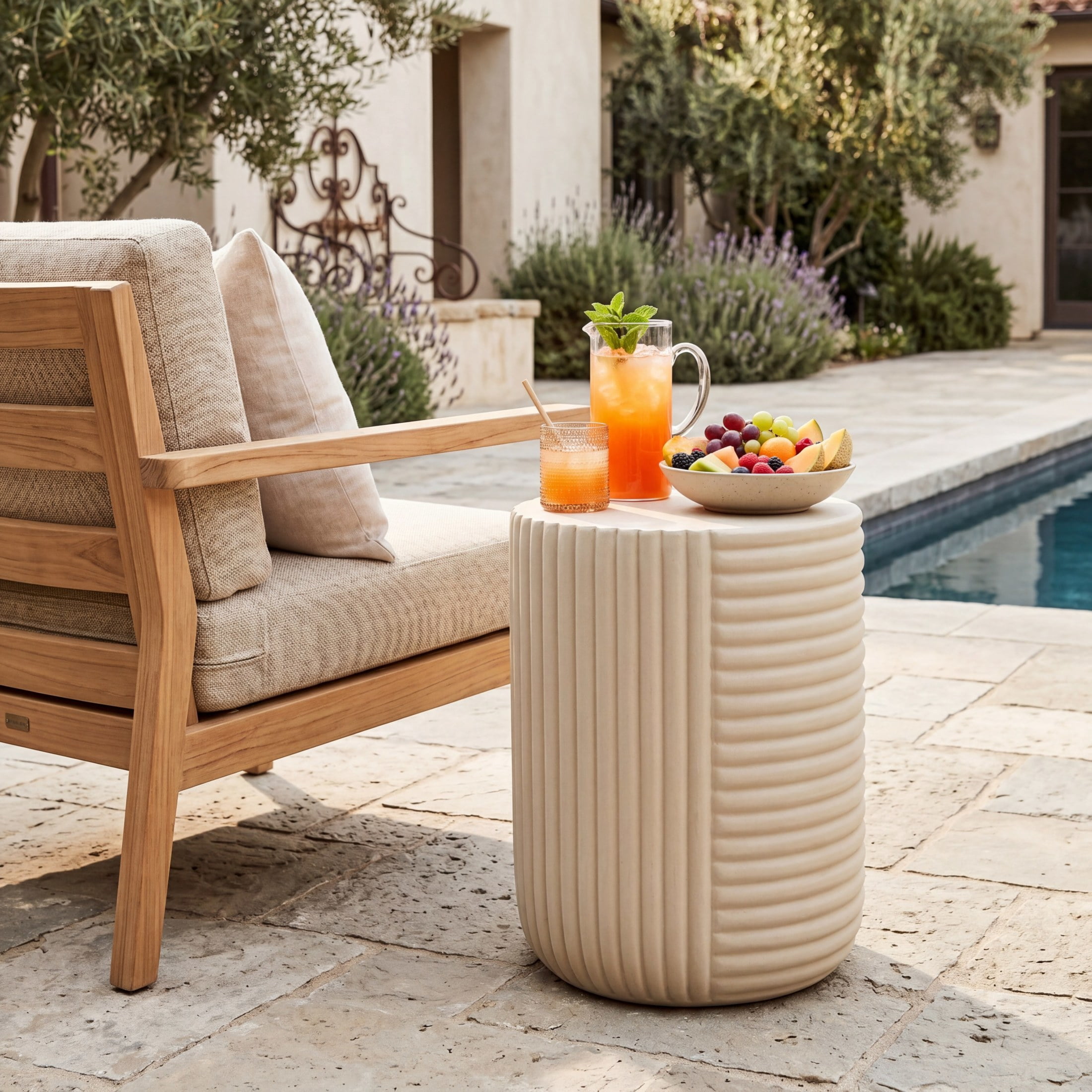 Christopher Knight Home Outdoor Lightweight Concrete Side Table, Handcrafted Ribbed, Creamy Beige