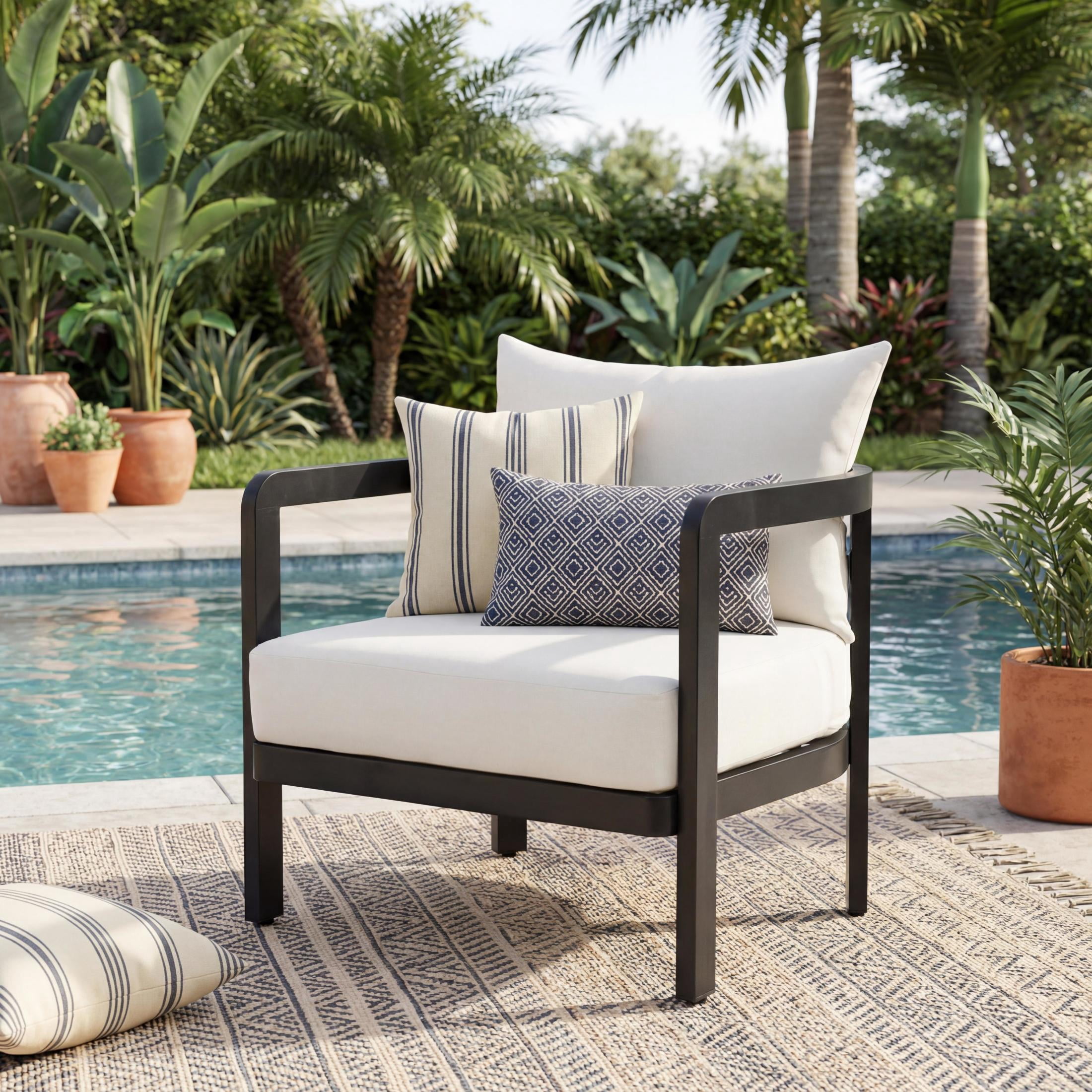 Christopher Knight Home Outdoor Lounge Chair, Aluminum Frame with Cushions, Black + Beige