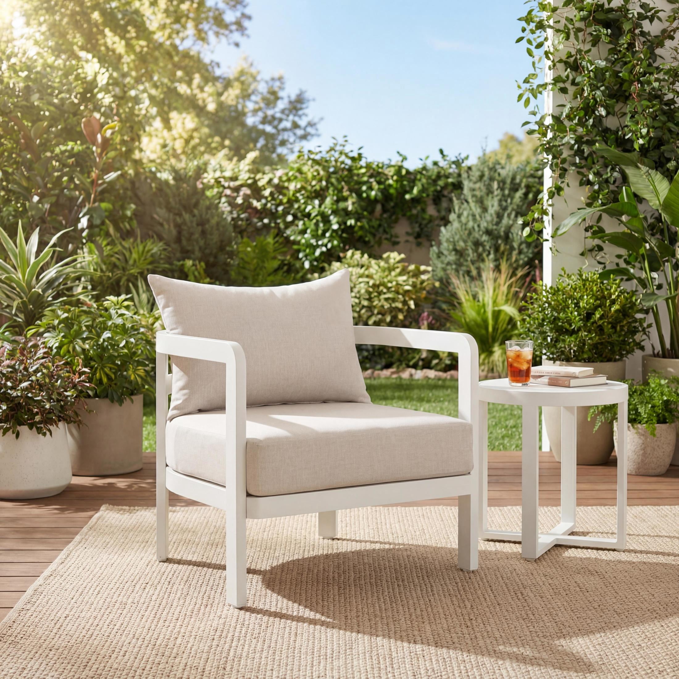 Christopher Knight Home Outdoor Lounge Chair, Aluminum Frame with Cushions, White + Beige